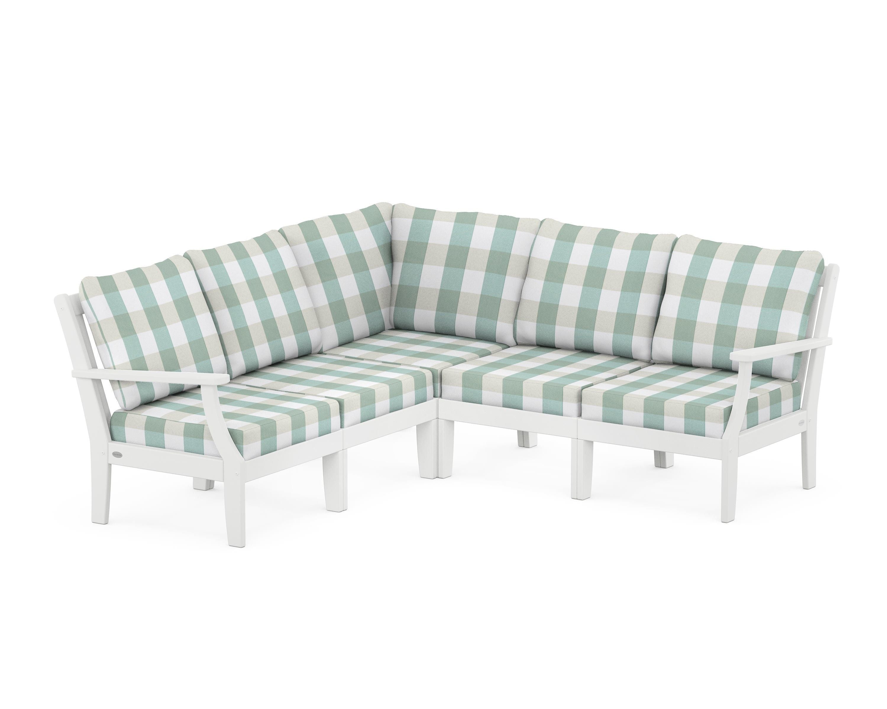 POLYWOOD® Braxton Modular 5-Piece Deep Seating Set in White / Buffalo Plaid Glacier Spa