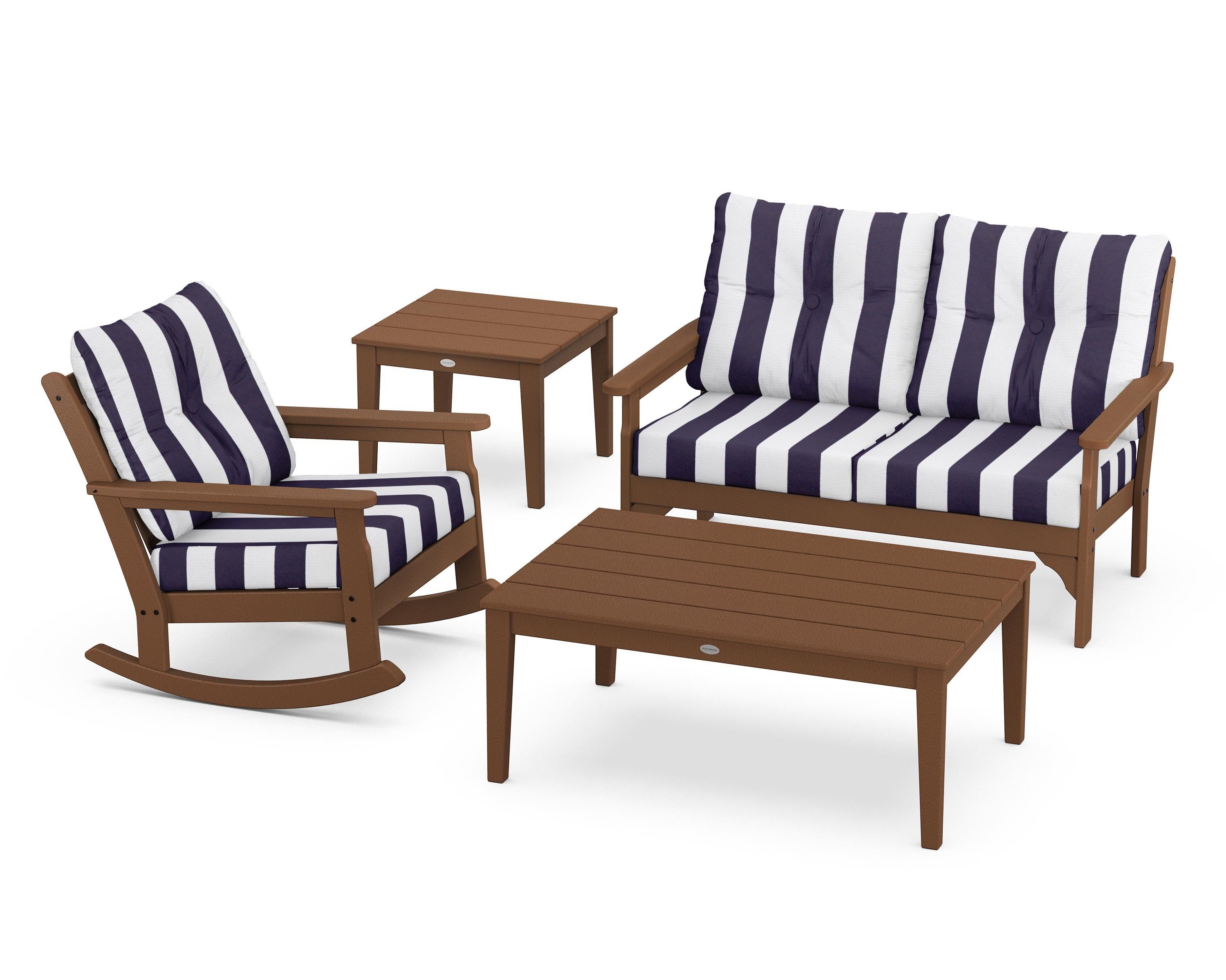 POLYWOOD® Vineyard 4-Piece Deep Seating Rocker Set in Teak / Cabana Stripe Navy