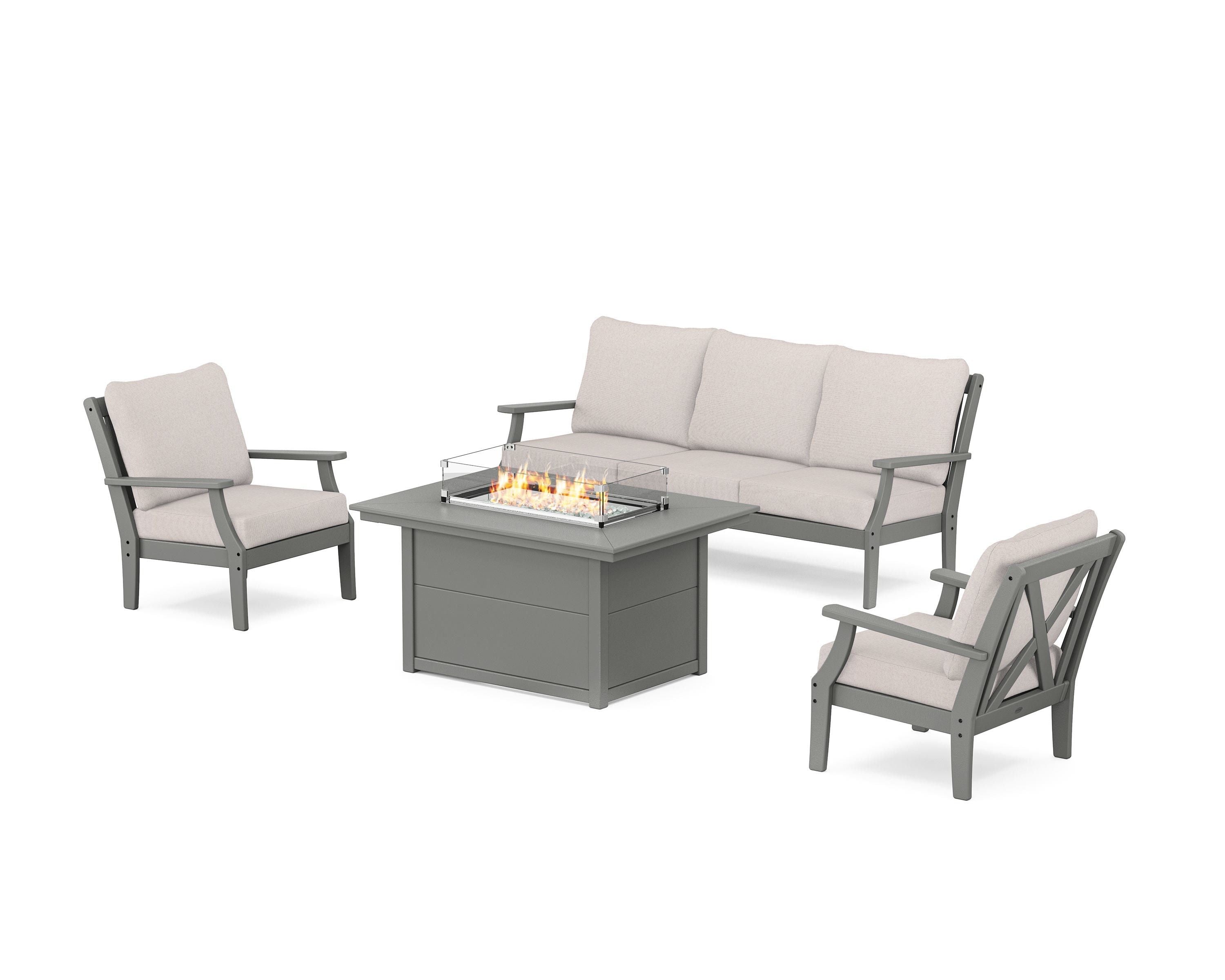 POLYWOOD® Braxton Deep Seating Fire Pit Table Set in Slate Grey / Dune Burlap
