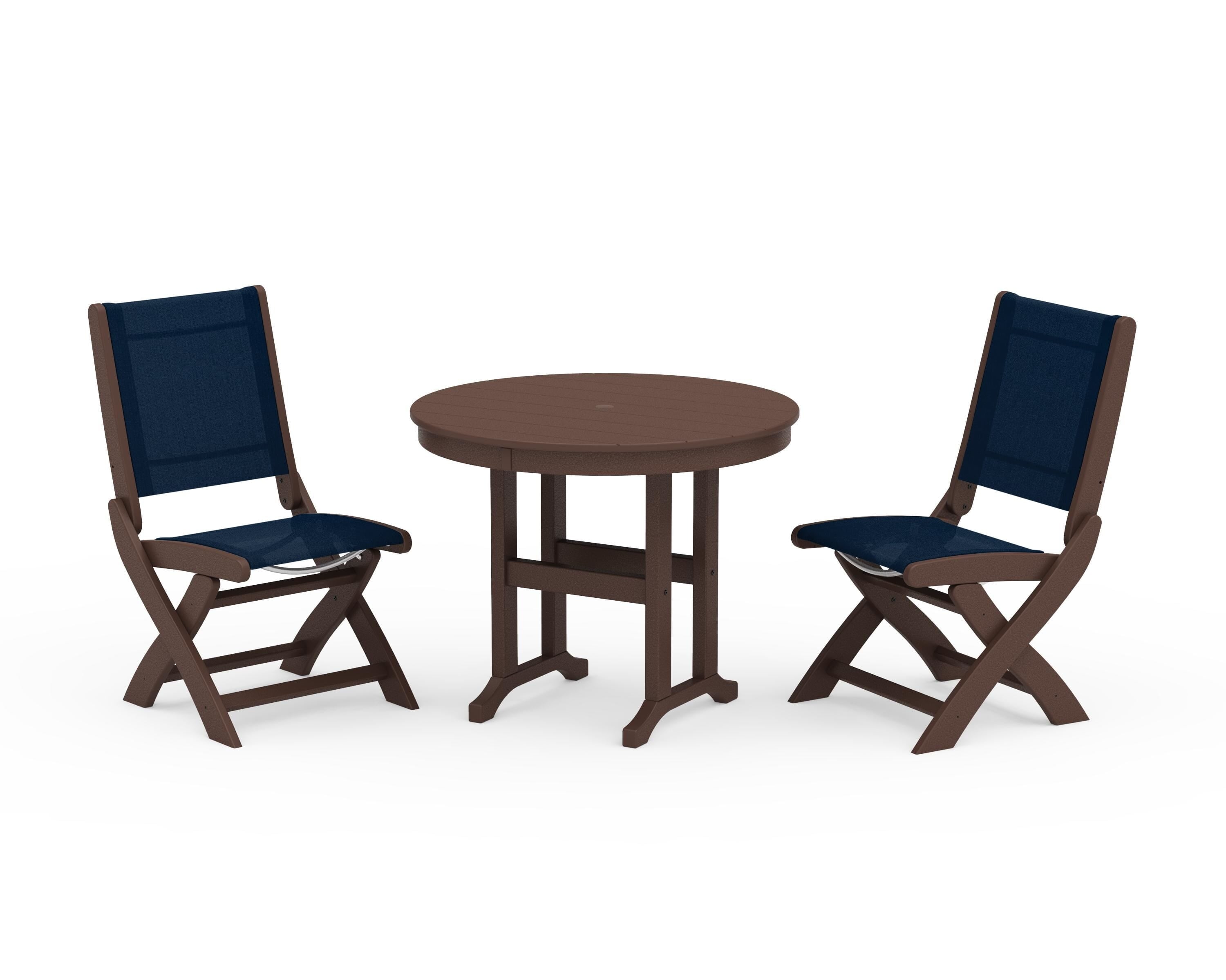 POLYWOOD® Coastal Folding Side Chair 3-Piece Round Dining Set in Mahogany / Navy Blue Sling