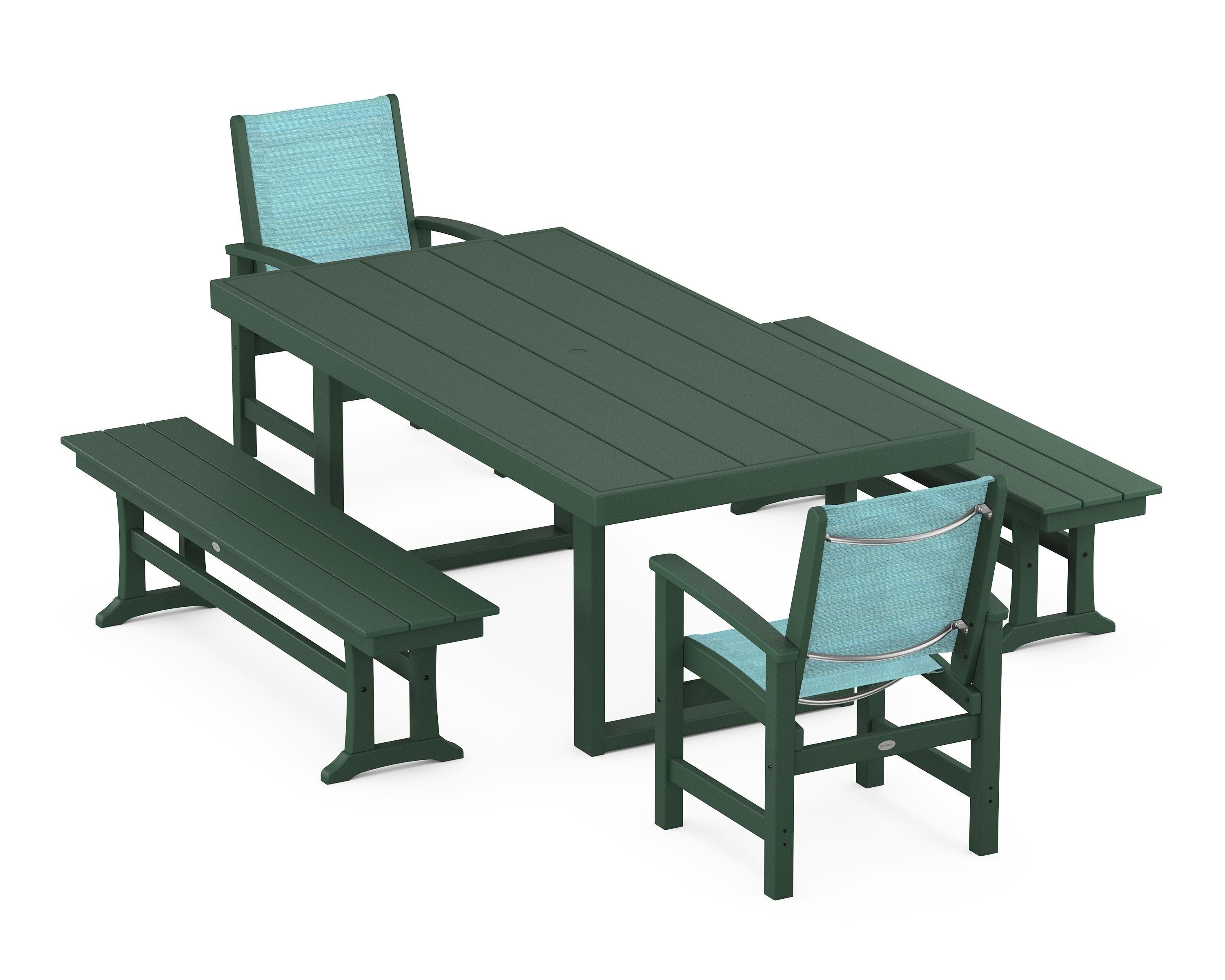 POLYWOOD® Coastal 5-Piece Dining Set with Trestle Legs in Green / Dupioni Aquamarine Sling