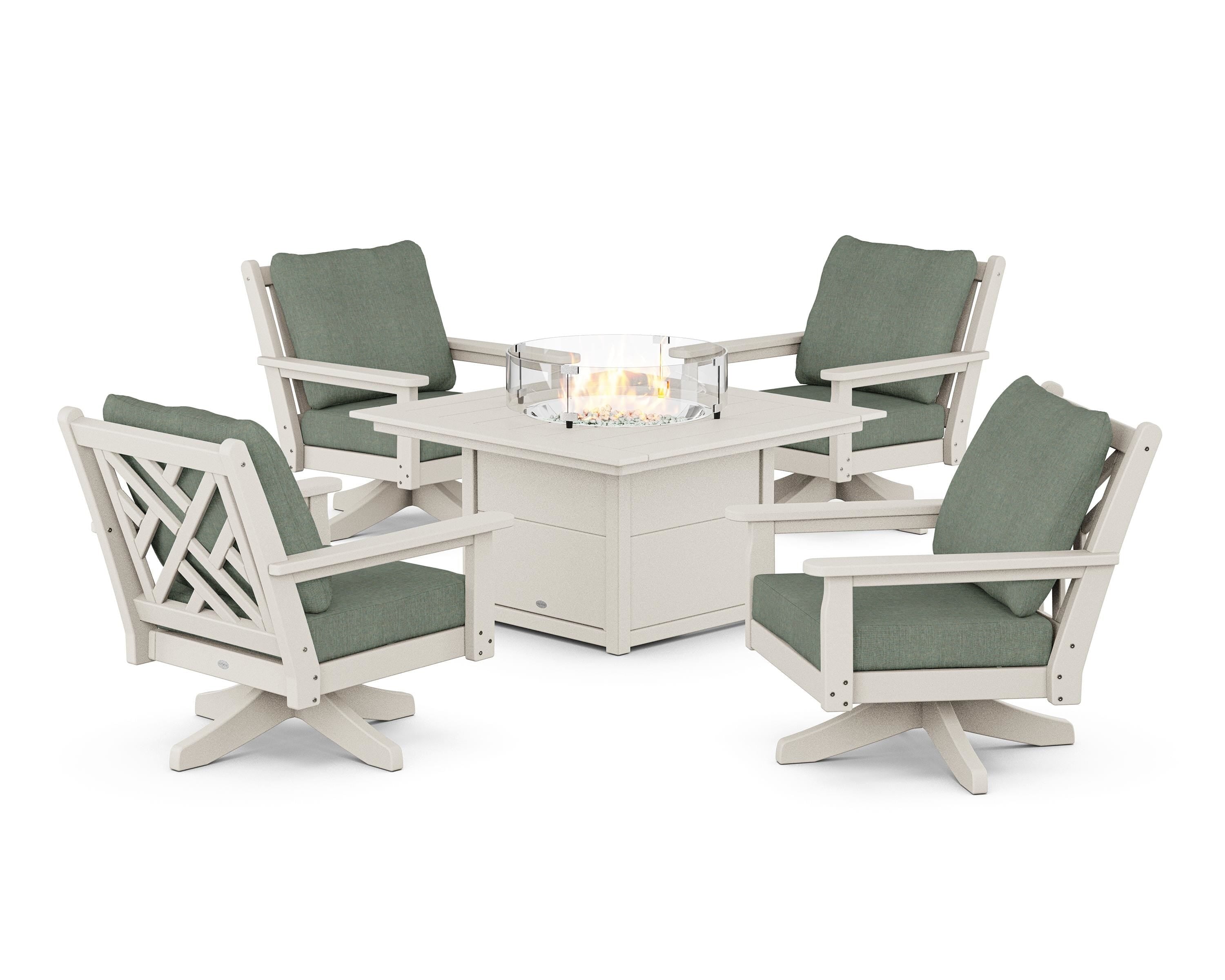 POLYWOOD® Chippendale 5-Piece Deep Seating Swivel Conversation Set with Fire Pit Table in Sand / Cast Sage