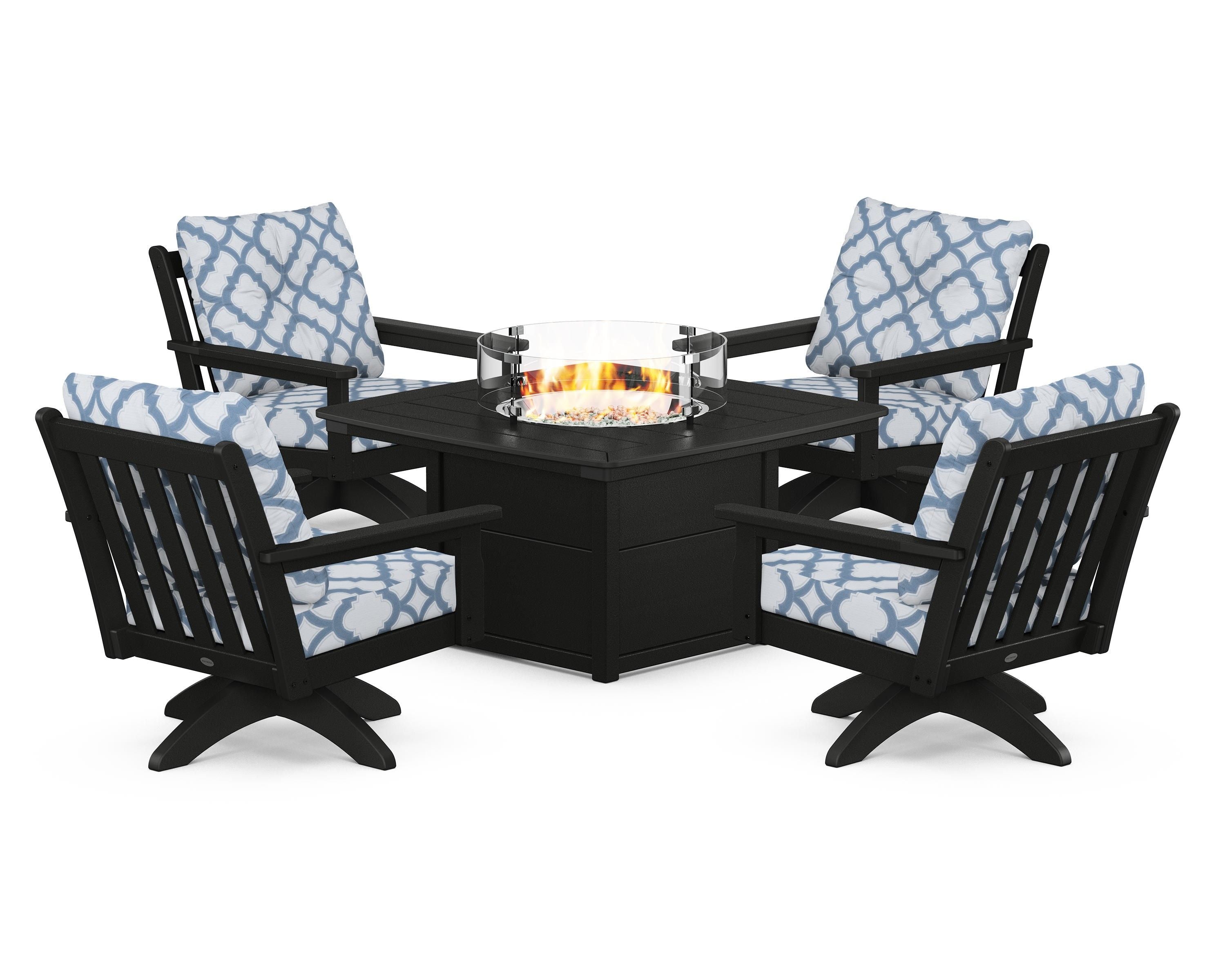 POLYWOOD® Vineyard 5-Piece Deep Seating Swivel Conversation Set with Fire Pit Table in Black / Trellis Sky Blue