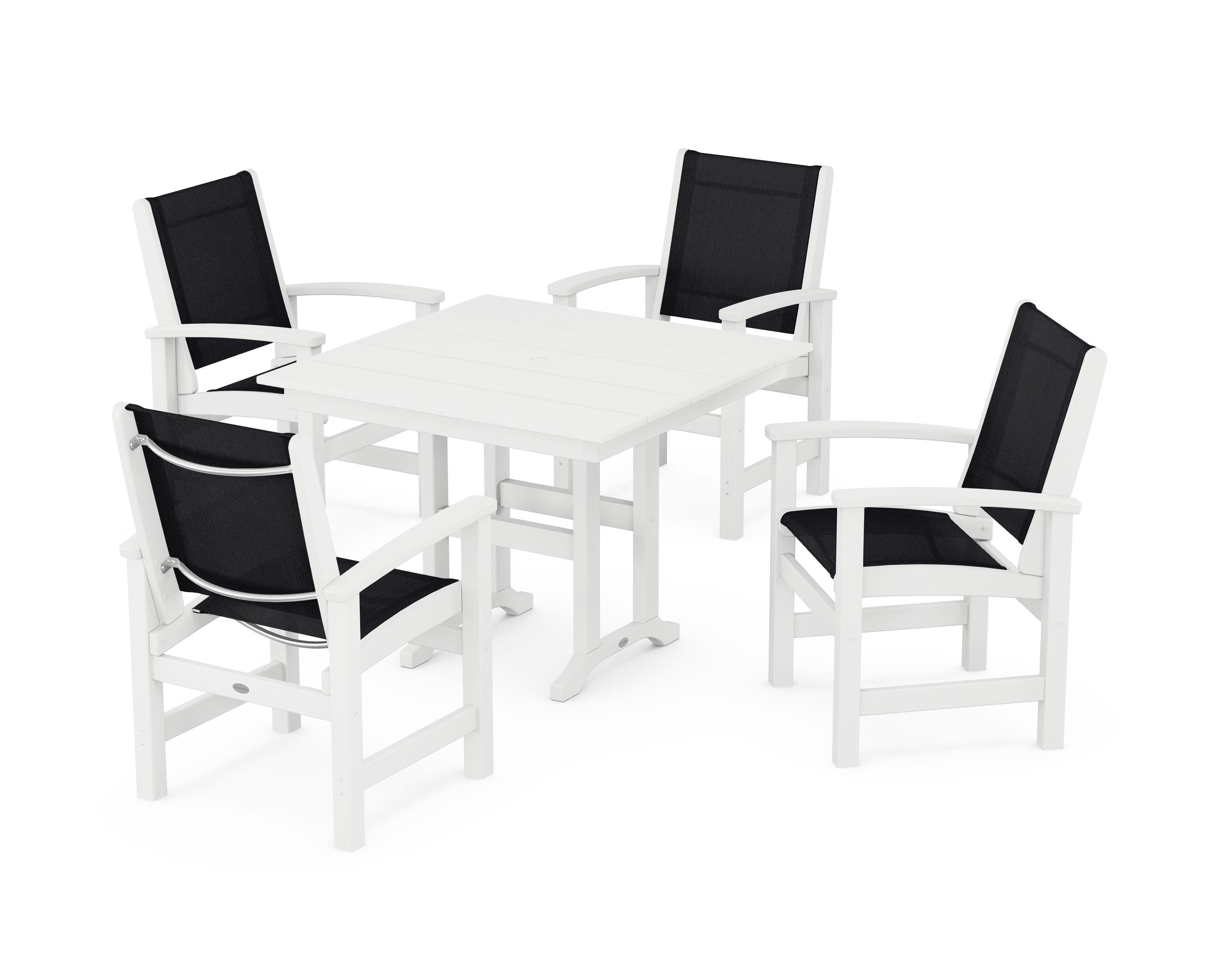 POLYWOOD® Coastal 5-Piece Farmhouse Dining Set in White / Black Sling