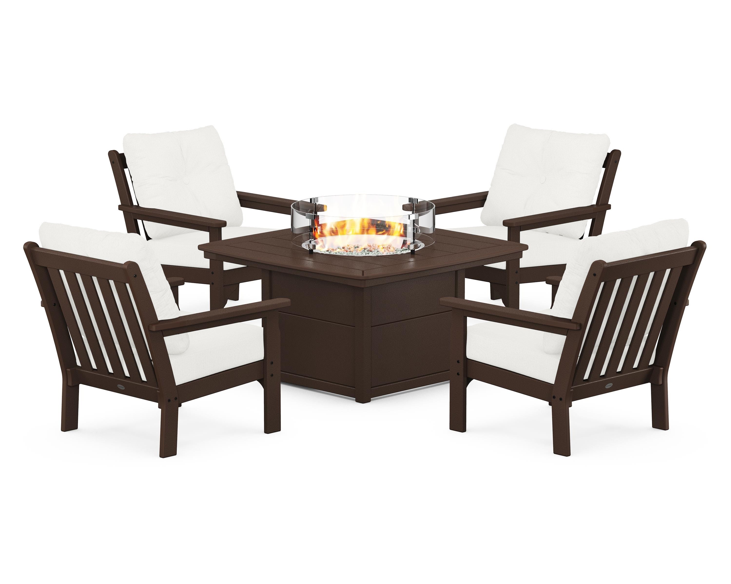 POLYWOOD® Vineyard 5-Piece Conversation Set with Fire Pit Table in Mahogany / Natural Linen
