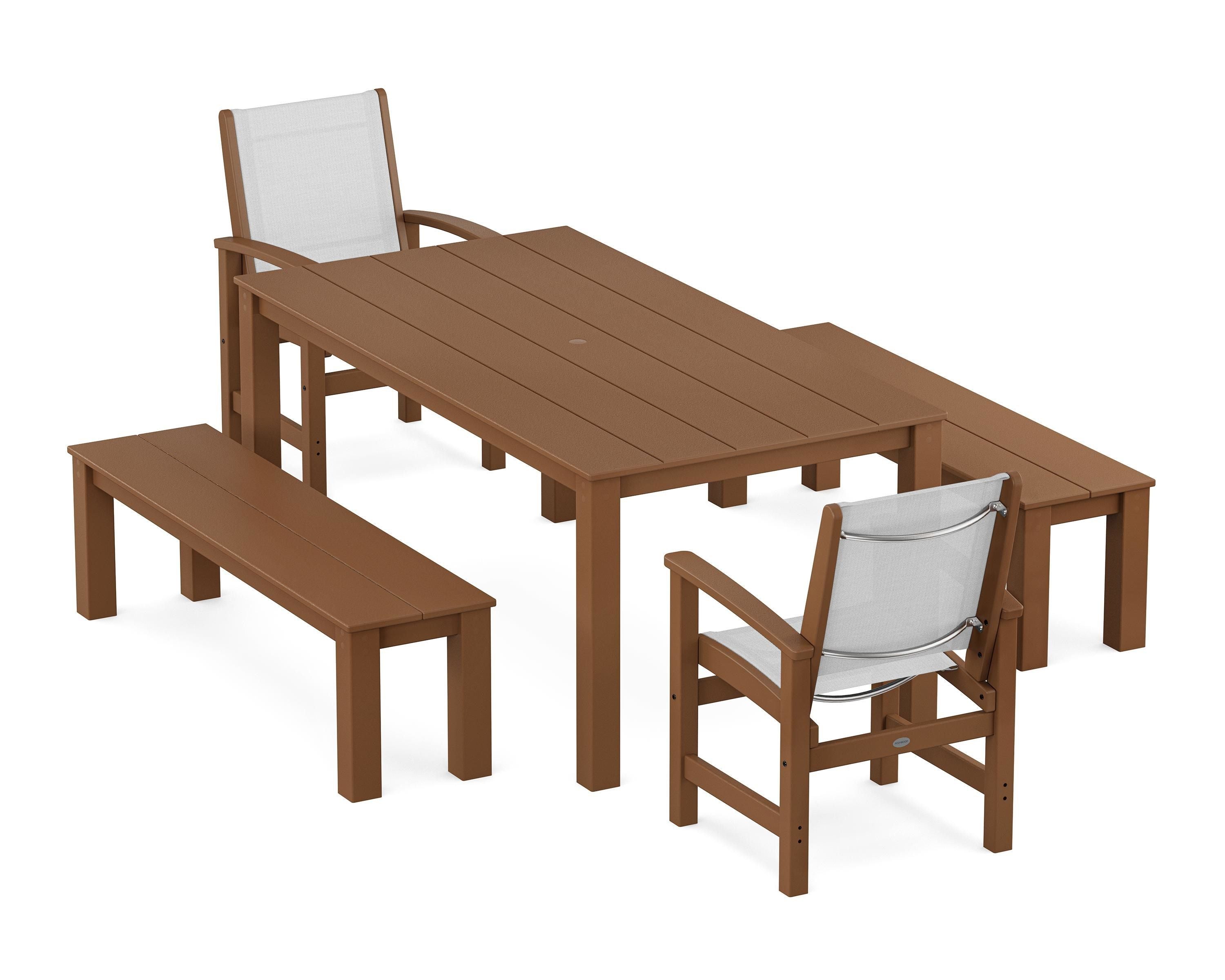POLYWOOD® Coastal 5-Piece Parsons Dining Set with Benches in Teak / White Sling