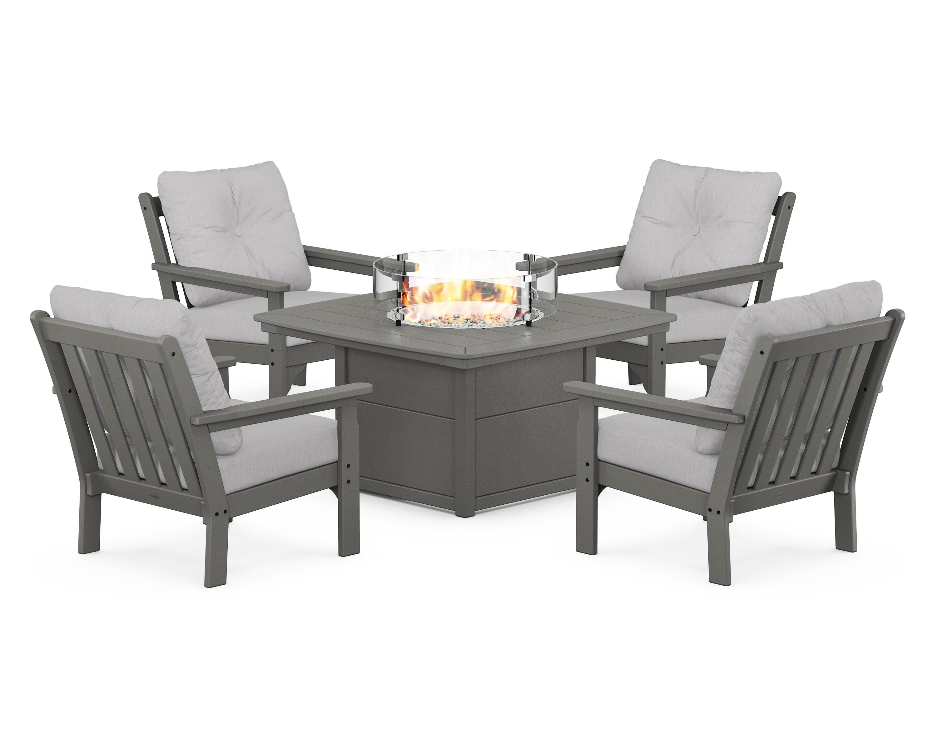 POLYWOOD® Vineyard 5-Piece Conversation Set with Fire Pit Table in Slate Grey / Granite
