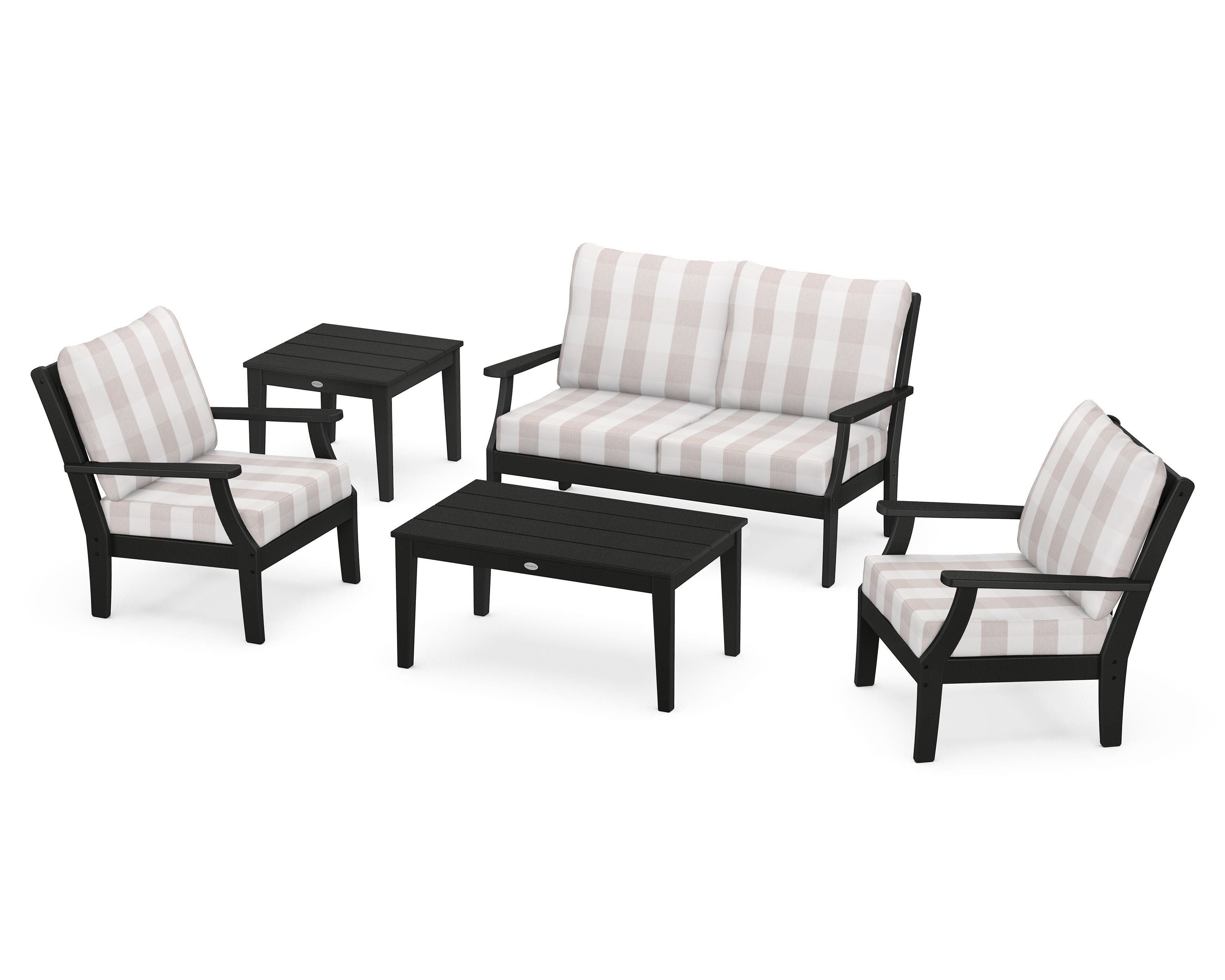 POLYWOOD® Braxton 5-Piece Deep Seating Set in Black / Buffalo Plaid Dune Burlap