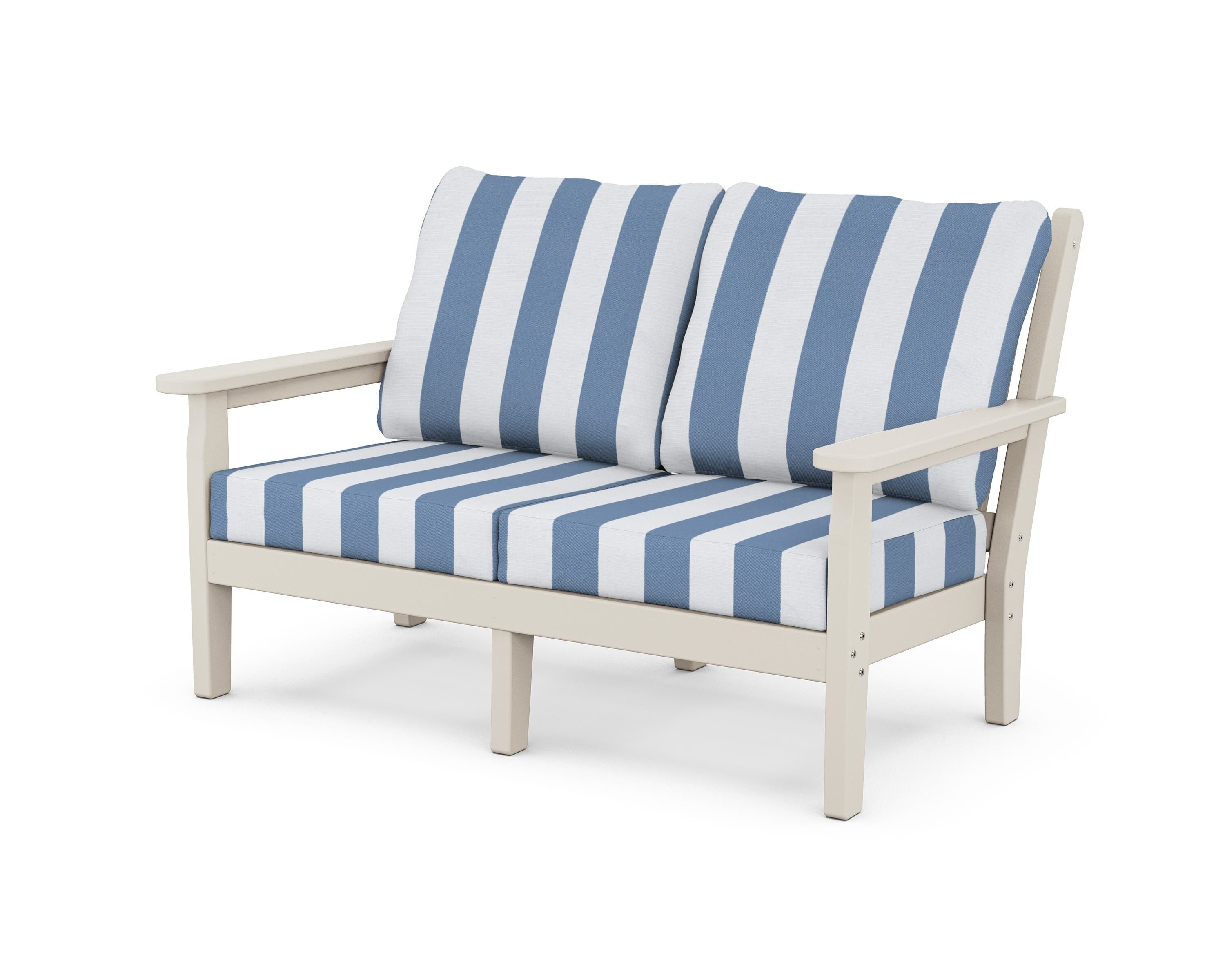 POLYWOOD® Chippendale Deep Seating Loveseat in Sand / Cabana Stripe Sky Blue