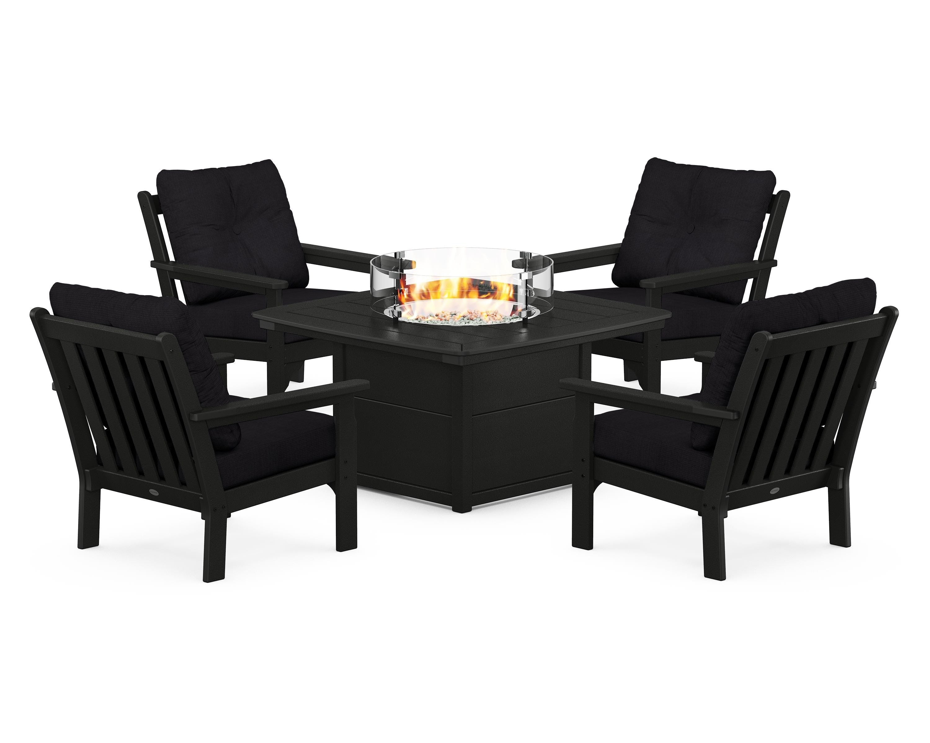 POLYWOOD® Vineyard 5-Piece Conversation Set with Fire Pit Table in Black / Midnight Linen