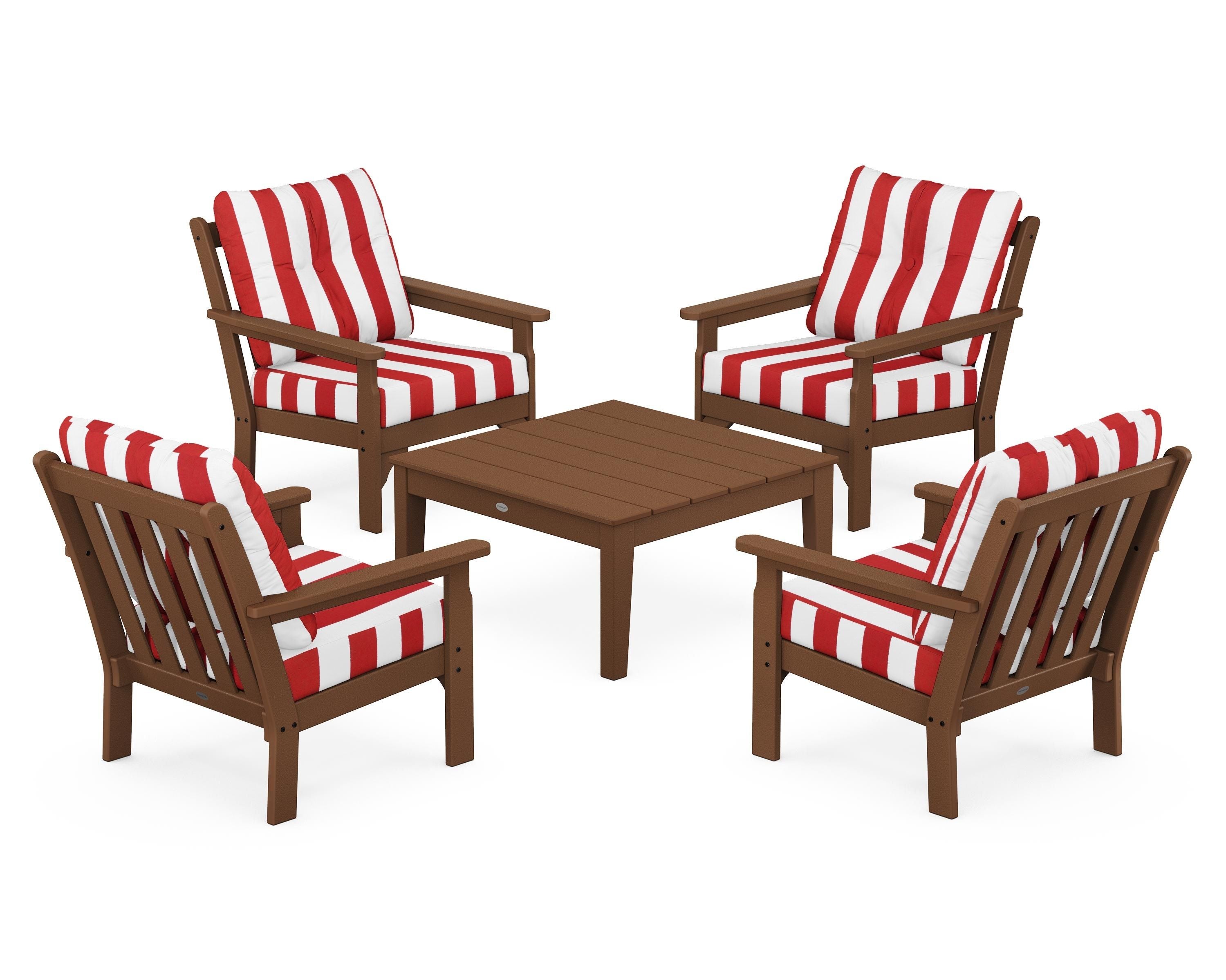 POLYWOOD® Vineyard 5-Piece Deep Seating Conversation Set in Teak / Cabana Stripe Crimson