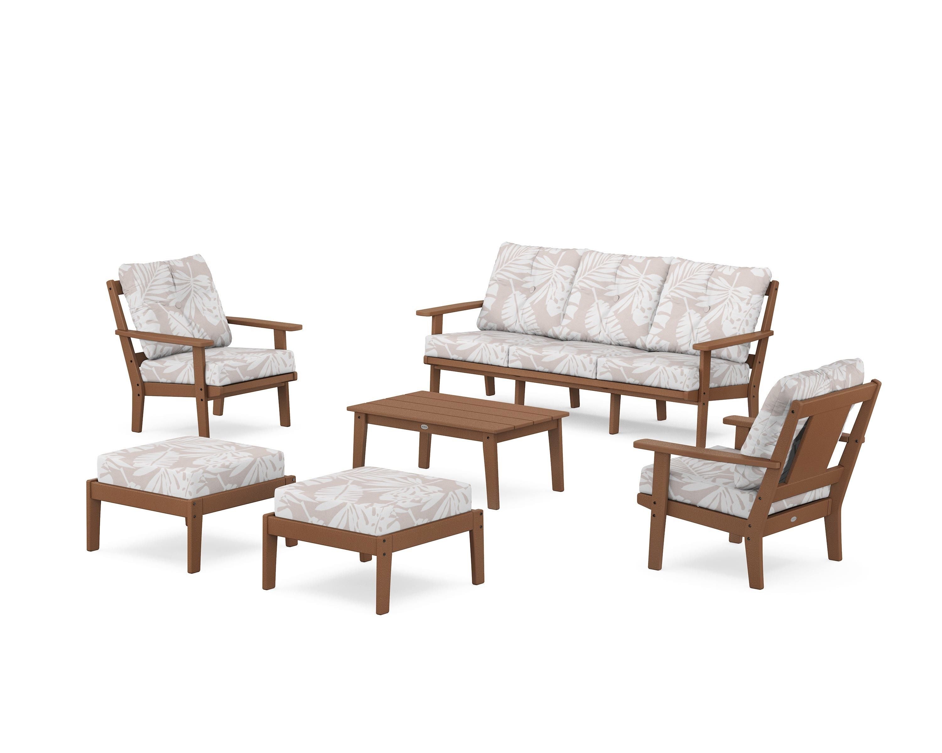 POLYWOOD® Prairie 6-Piece Lounge Sofa Set in Teak / Leaf Dune Burlap