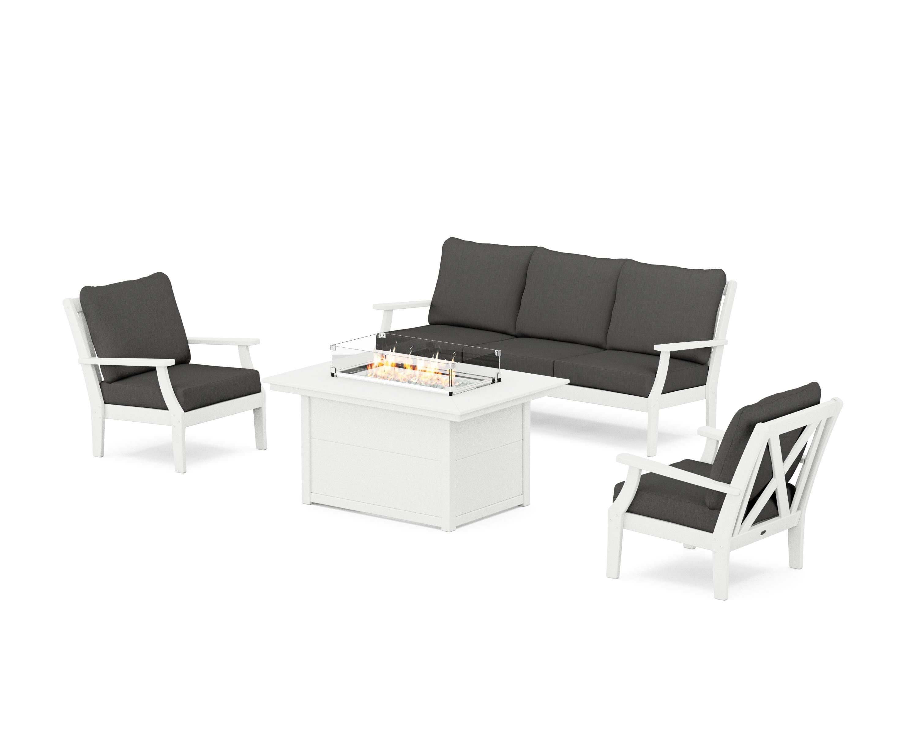 POLYWOOD® Braxton Deep Seating Fire Pit Table Set in White / Spectrum Carbon