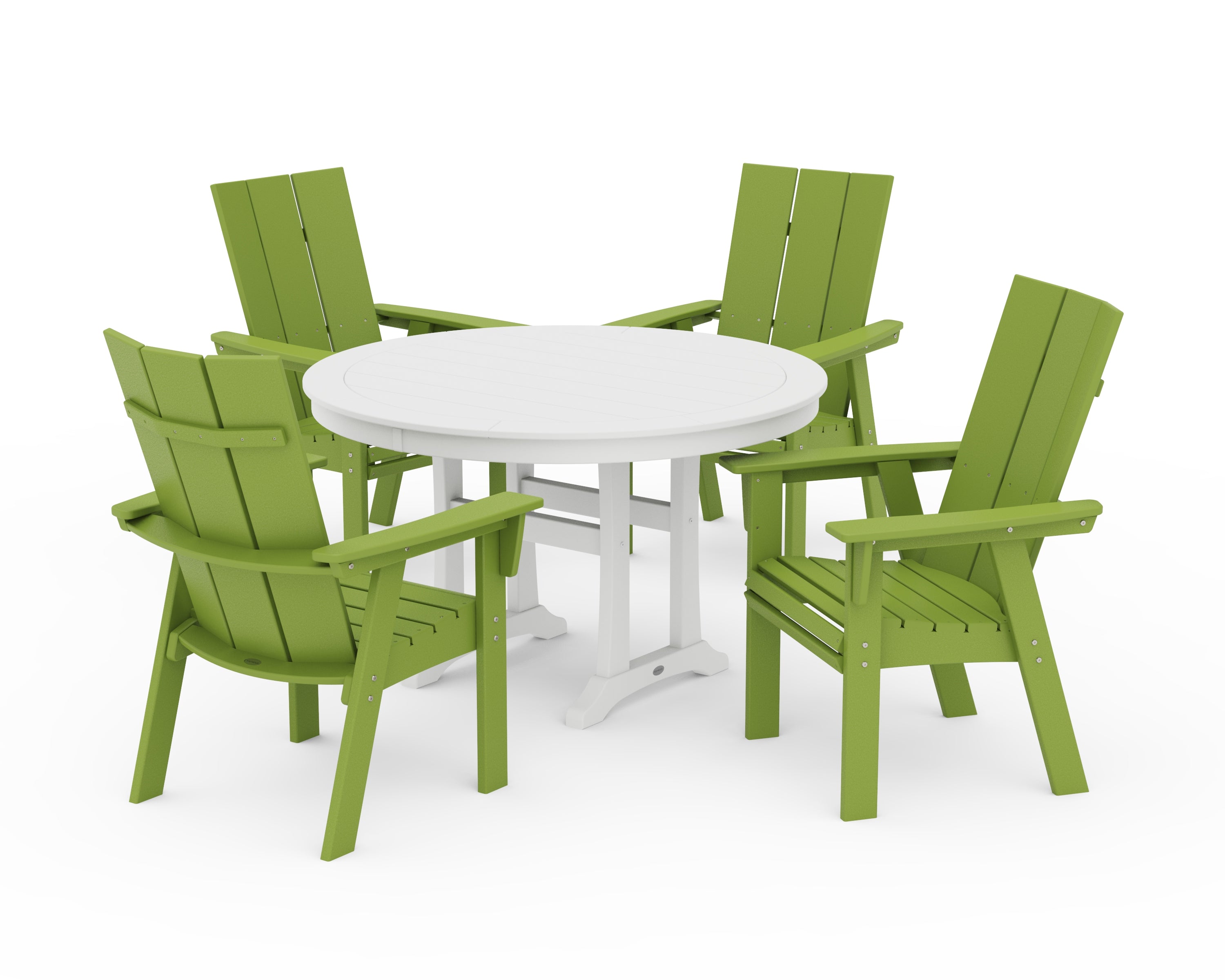 POLYWOOD® Modern Curveback Adirondack 5-Piece Nautical Trestle Dining Set in Lime / White