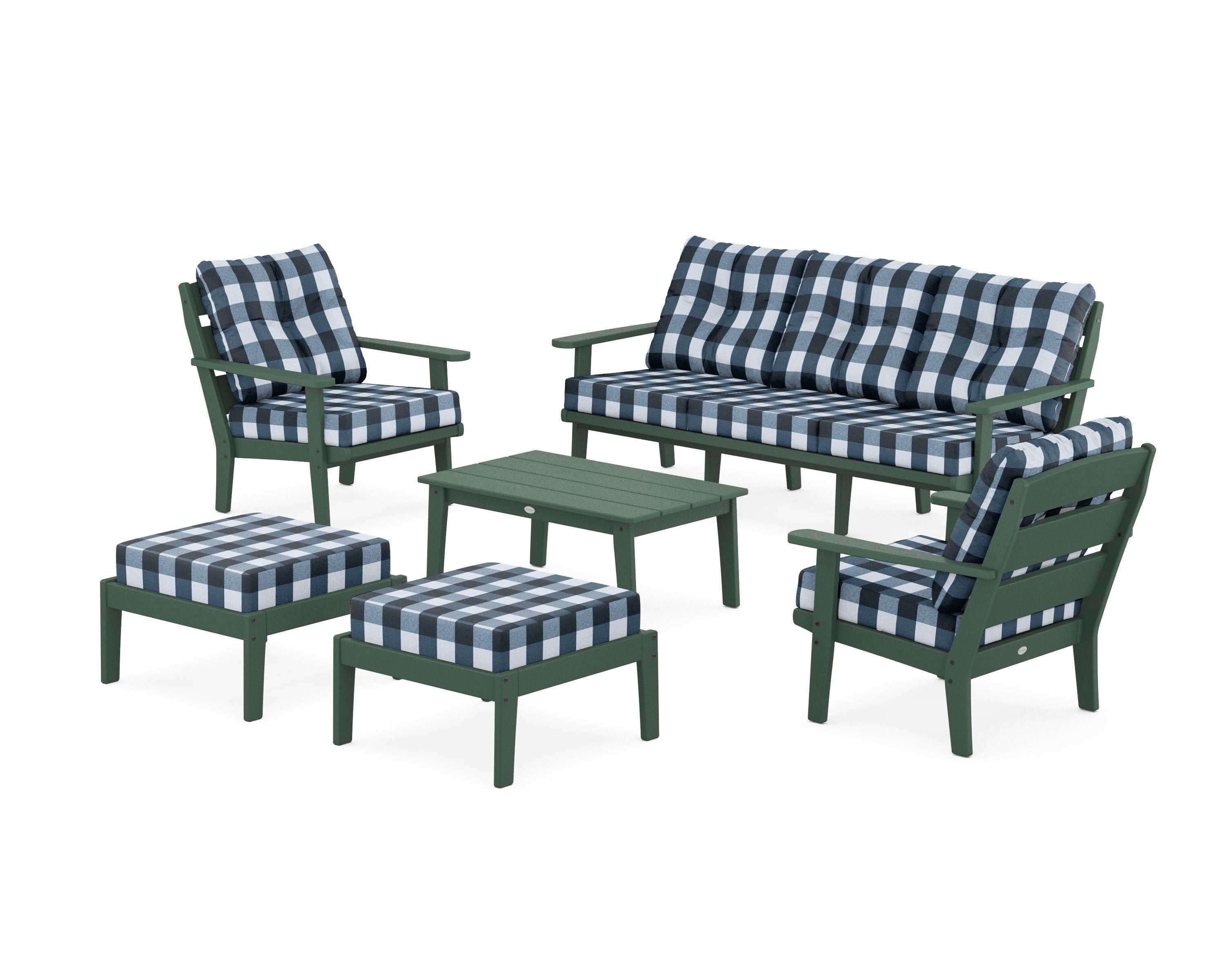 POLYWOOD® Lakeside 6-Piece Lounge Sofa Set in Green / Buffalo Plaid Marine Indigo