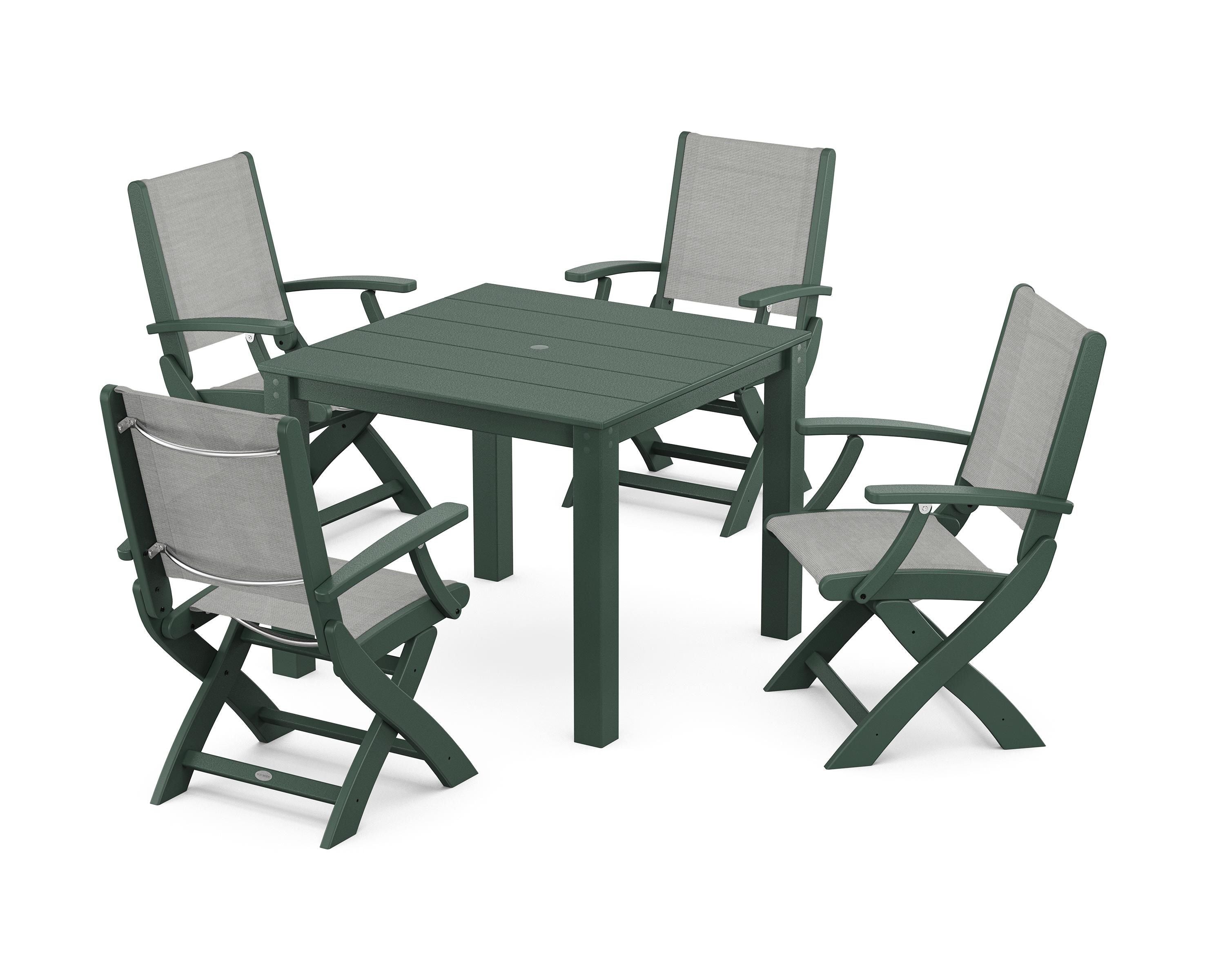 POLYWOOD® Coastal Folding Chair 5-Piece Parsons Dining Set in Green / Metallic Sling