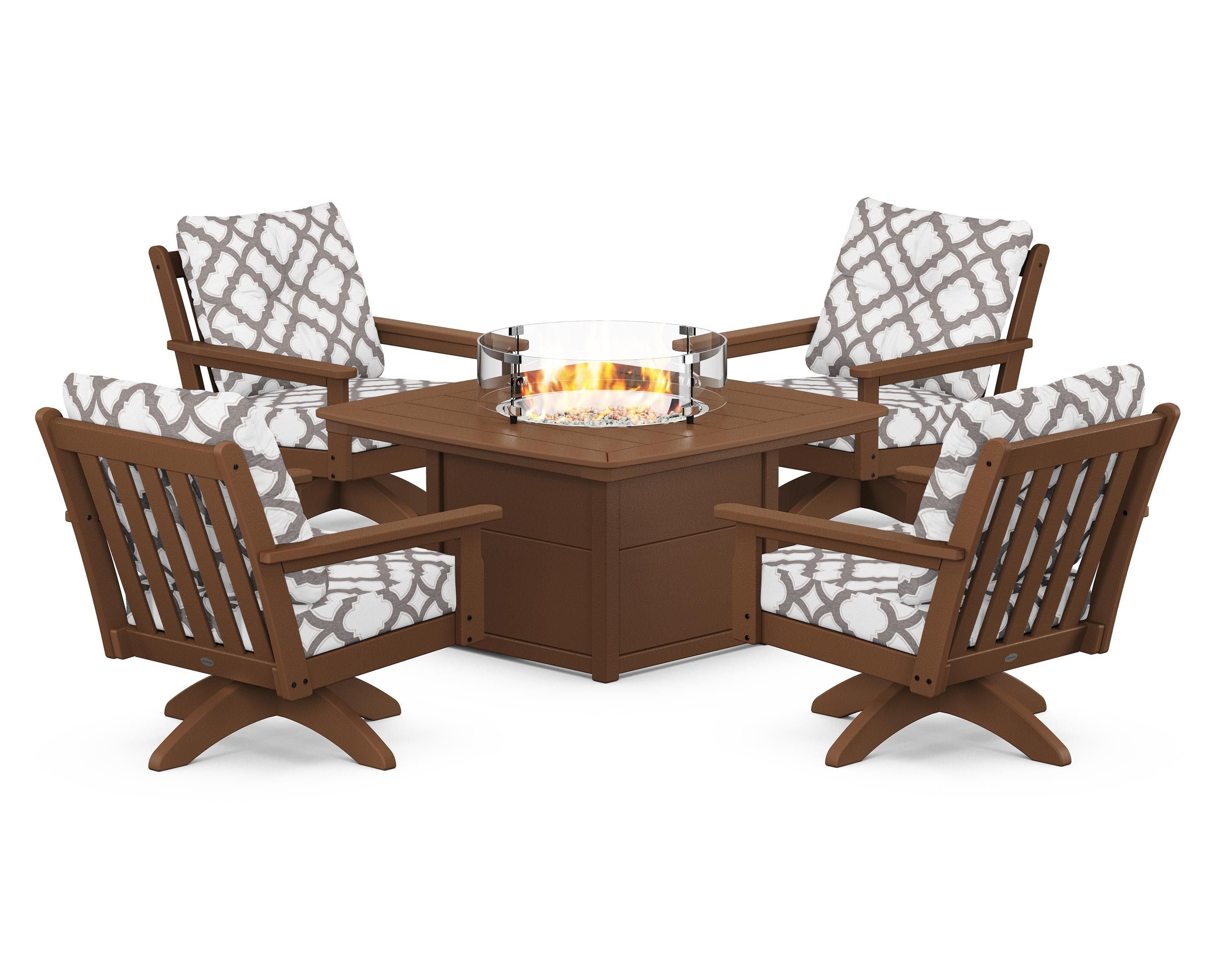 POLYWOOD® Vineyard 5-Piece Deep Seating Swivel Conversation Set with Fire Pit Table in Teak / Trellis Grey Mist