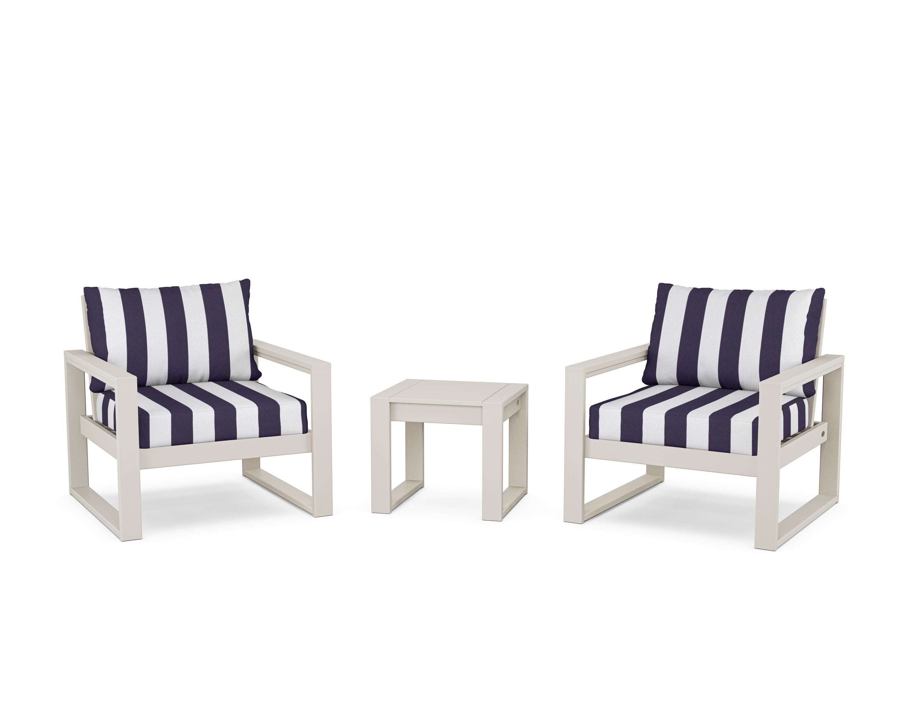 POLYWOOD® EDGE Sectional 3-Piece Deep Seating Set in Sand / Cabana Stripe Navy