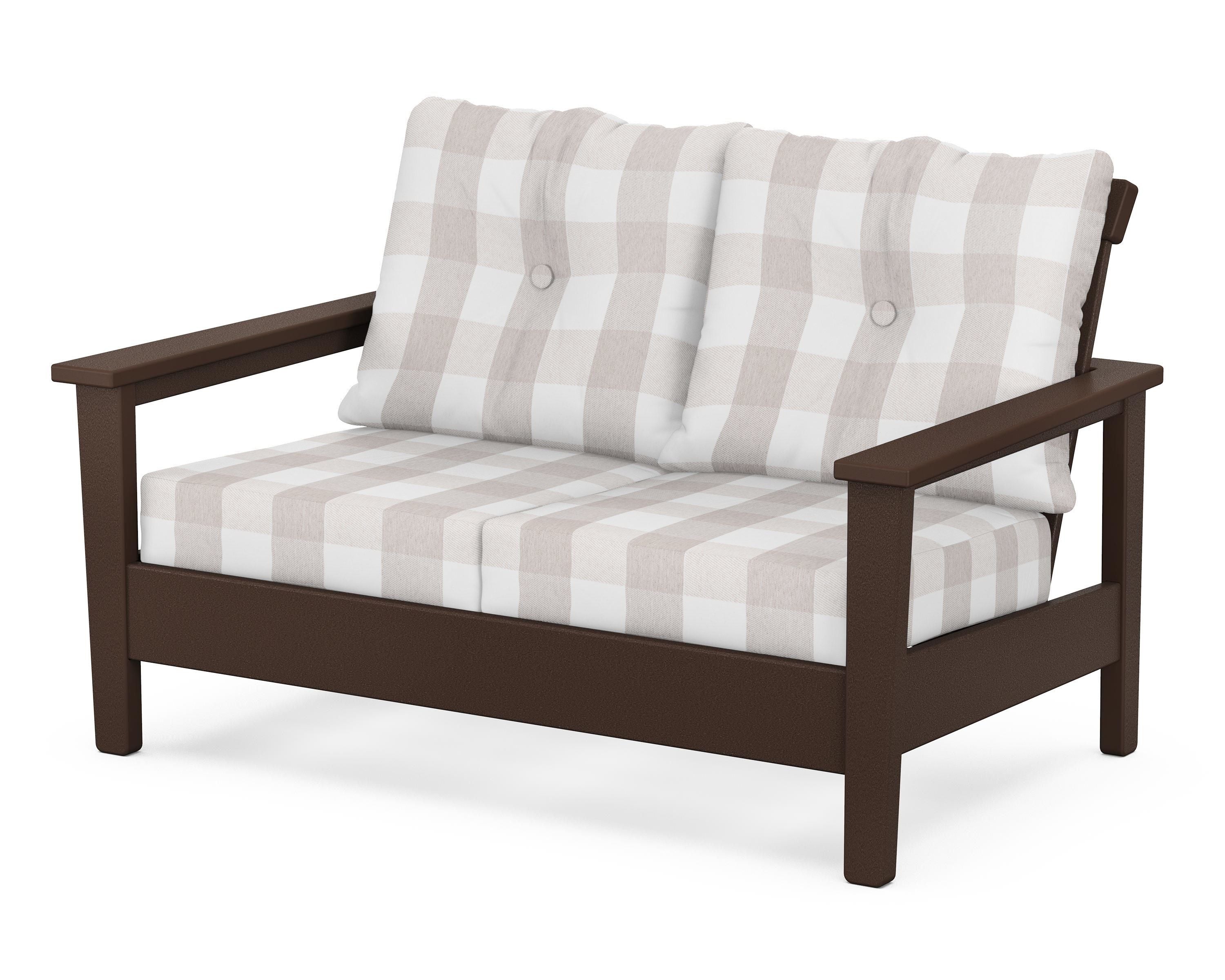 POLYWOOD® Prescott Deep Seating Loveseat in Mahogany / Buffalo Plaid Dune Burlap