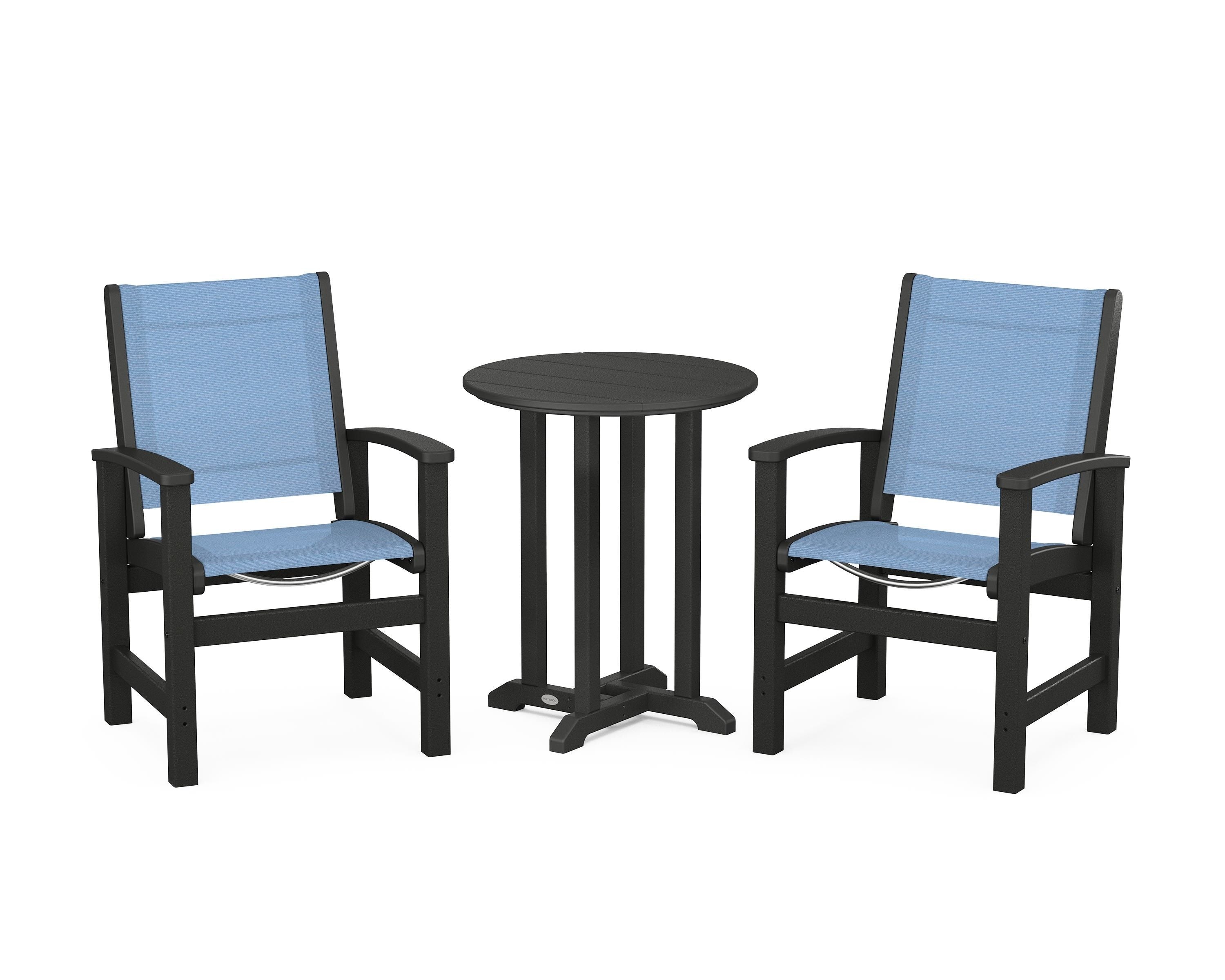 POLYWOOD® Coastal 3-Piece Round Bistro Dining Set in Black / Poolside Sling
