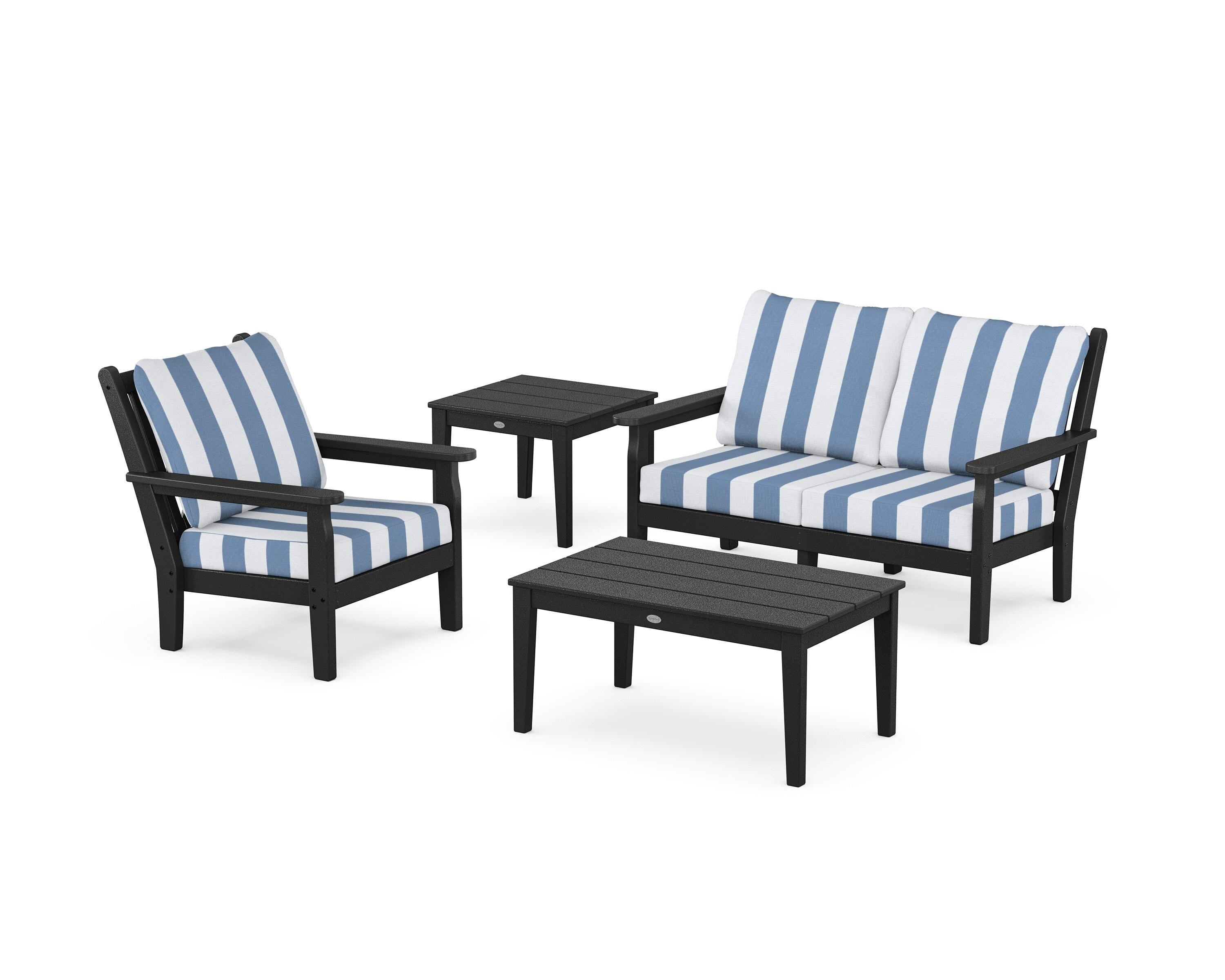 POLYWOOD® Chippendale 4-Piece Deep Seating Set in Black / Cabana Stripe Sky Blue