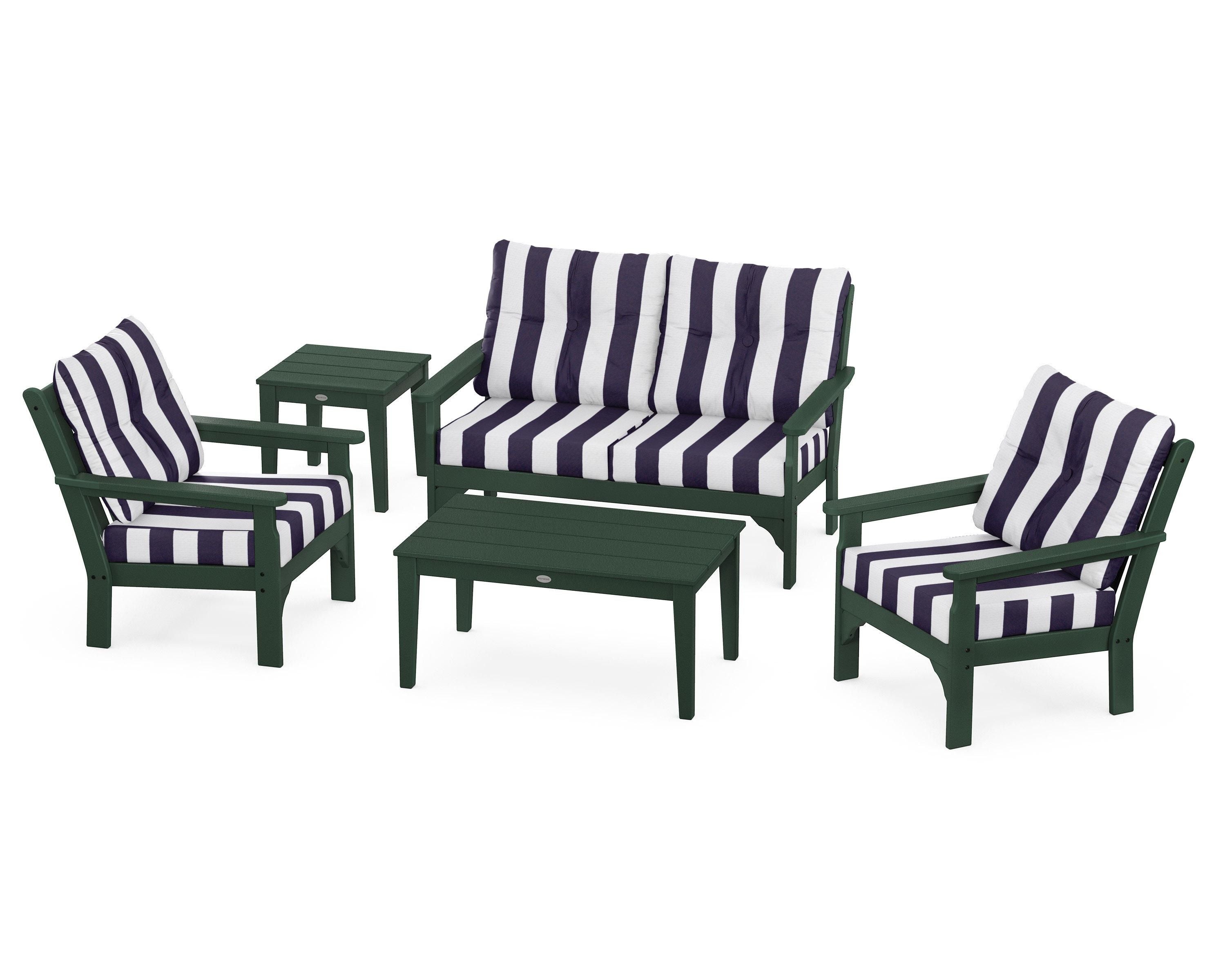 POLYWOOD® Vineyard 5-Piece Deep Seating Set in Green / Cabana Stripe Navy