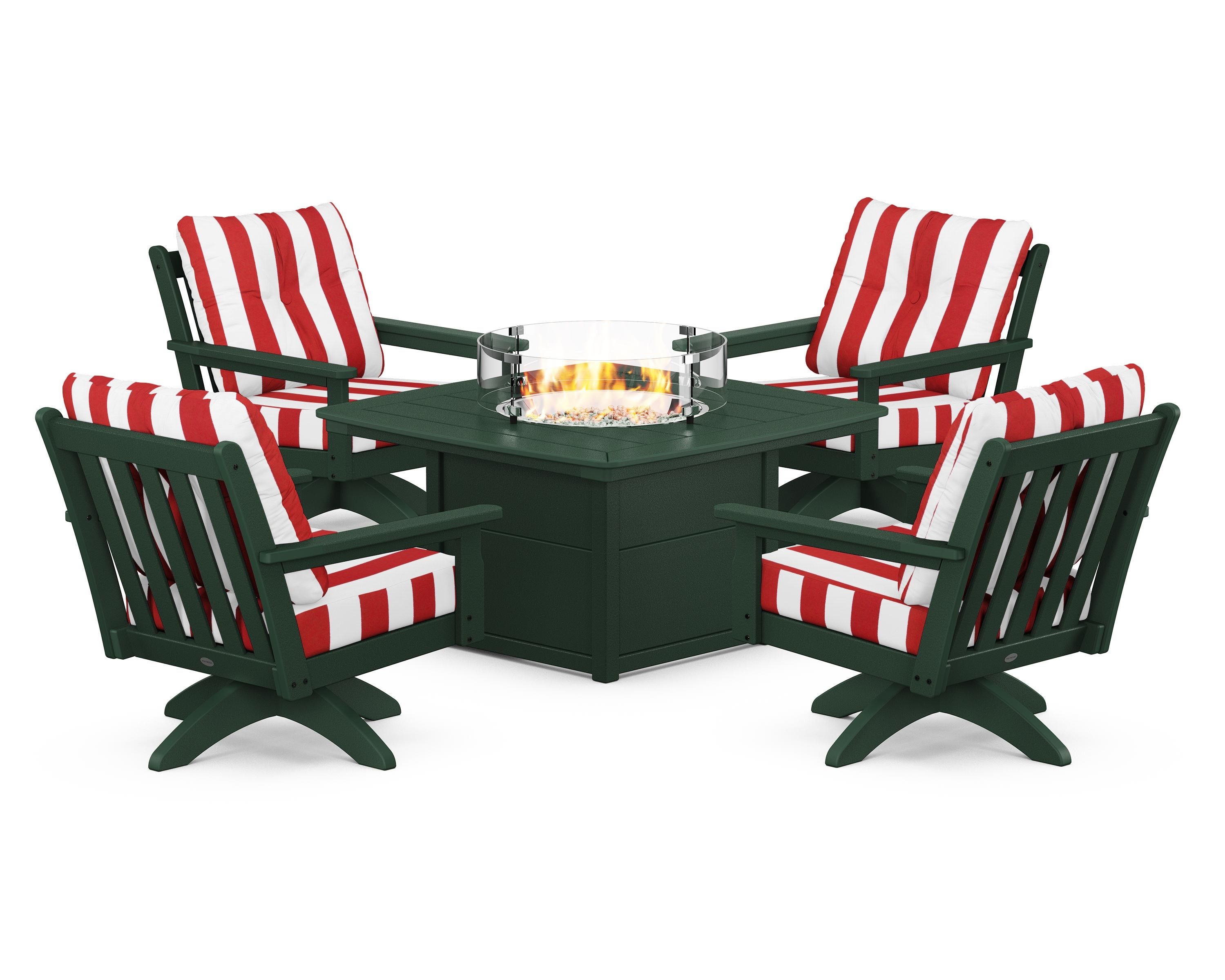 POLYWOOD® Vineyard 5-Piece Deep Seating Swivel Conversation Set with Fire Pit Table in Green / Cabana Stripe Crimson