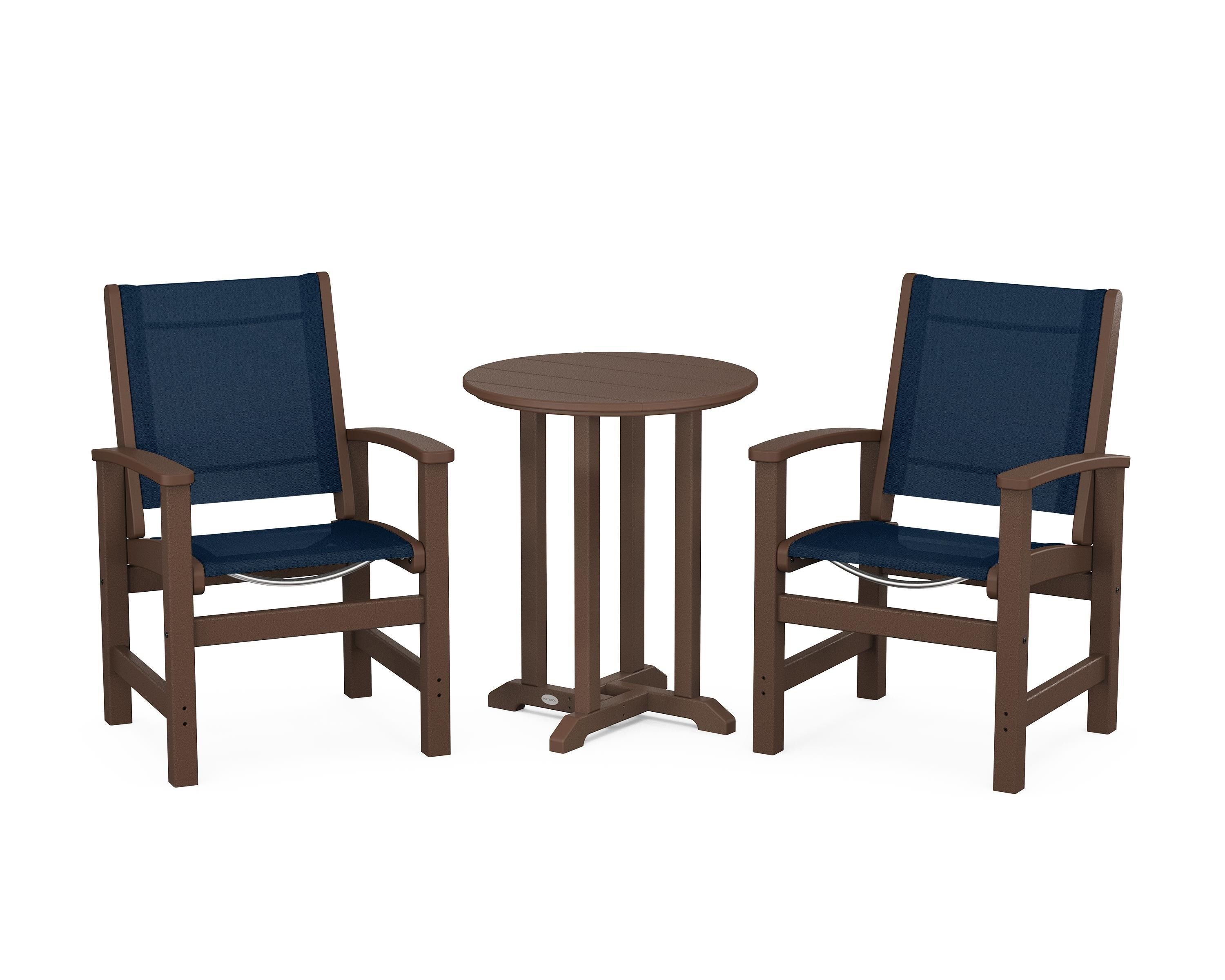 POLYWOOD® Coastal 3-Piece Round Bistro Dining Set in Mahogany / Navy Blue Sling