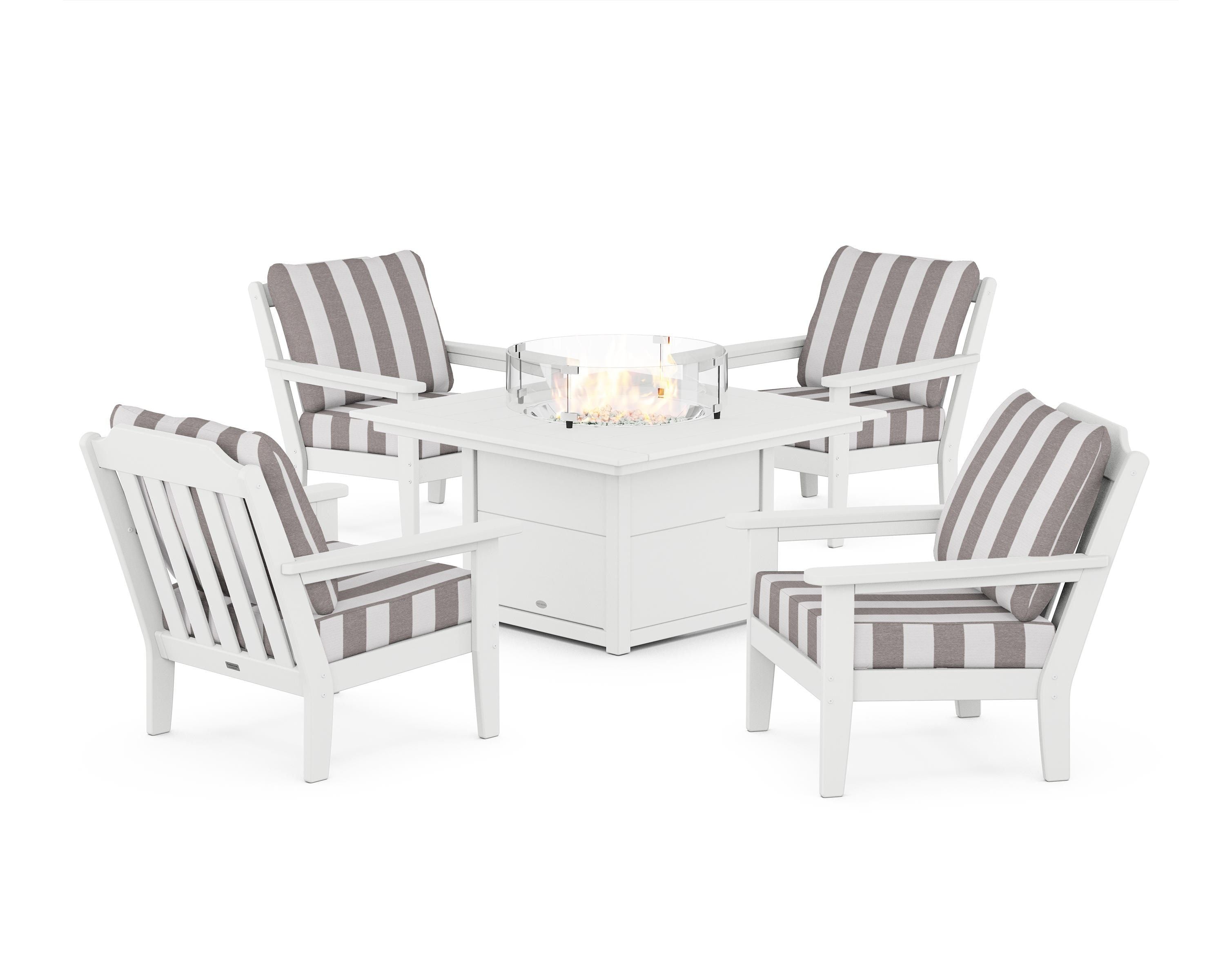 Country Living Cottage 5-Piece Deep Seating Set with Fire Pit Table in White / Cabana Stripe Grey Mist