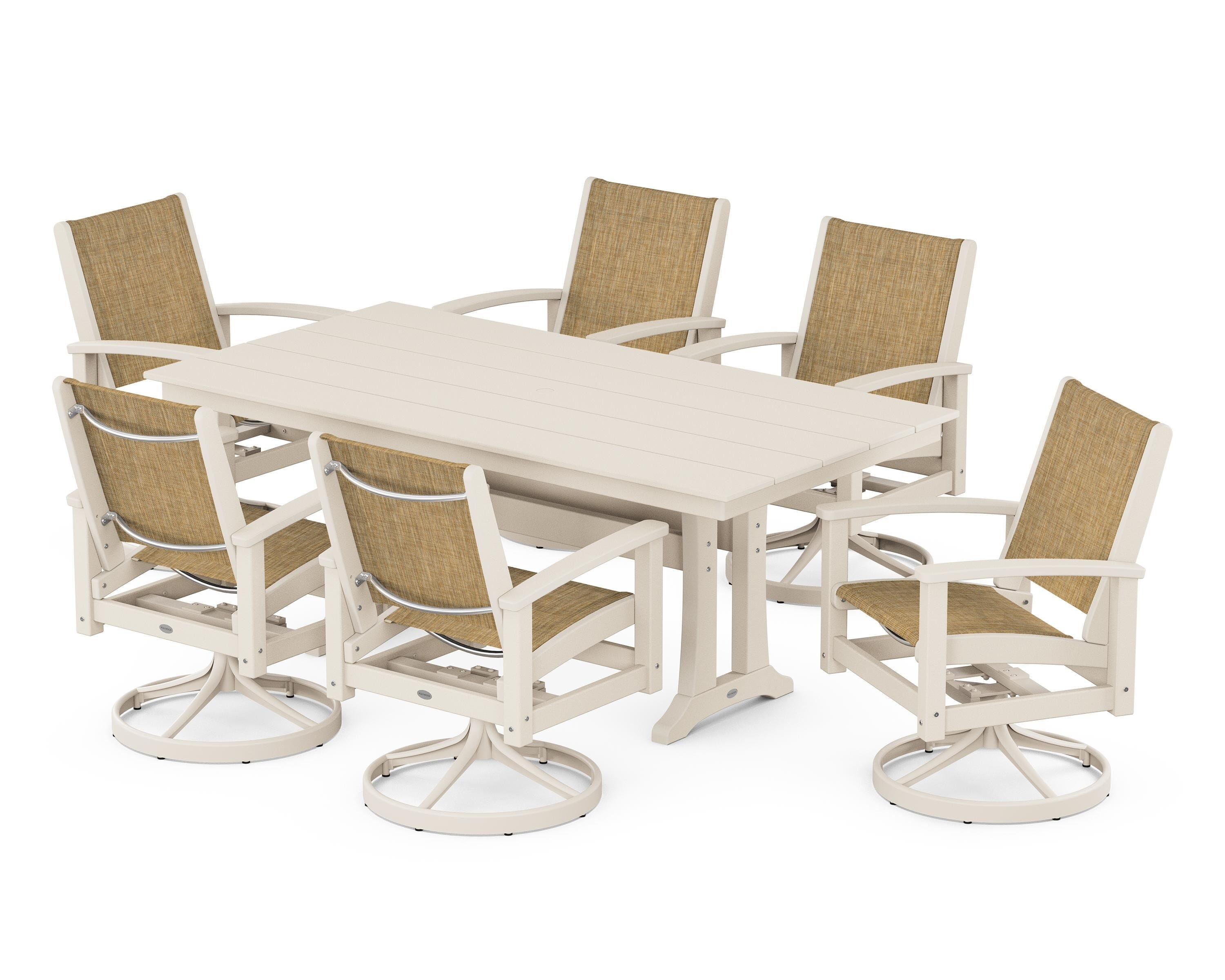POLYWOOD® 7 Piece Coastal Swivel Rocker Dining Set in Satin Tan / Sand / Burlap Sling