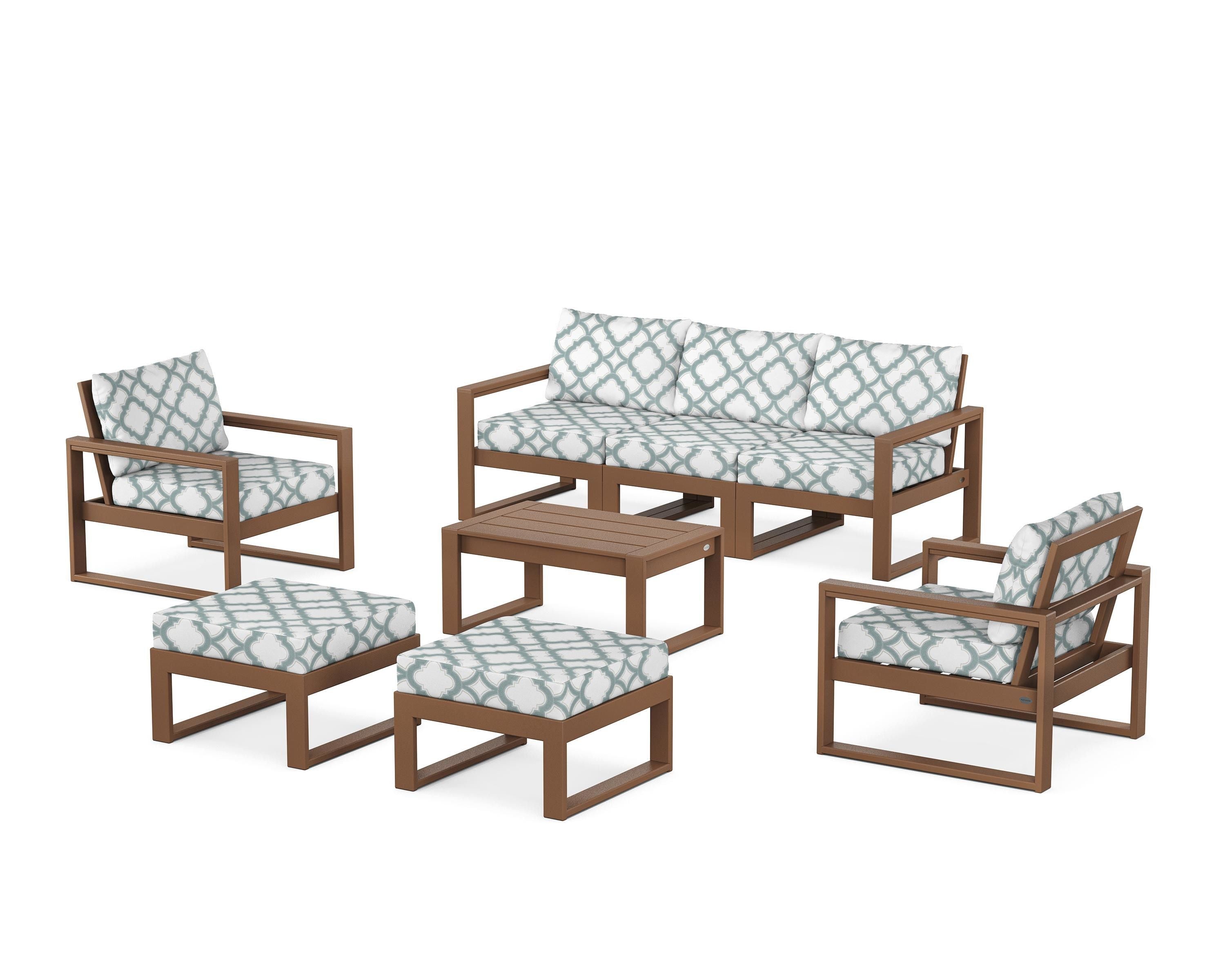 POLYWOOD® EDGE Sectional 8-Piece Lounge Sofa Set in Teak / Trellis Glacier Spa