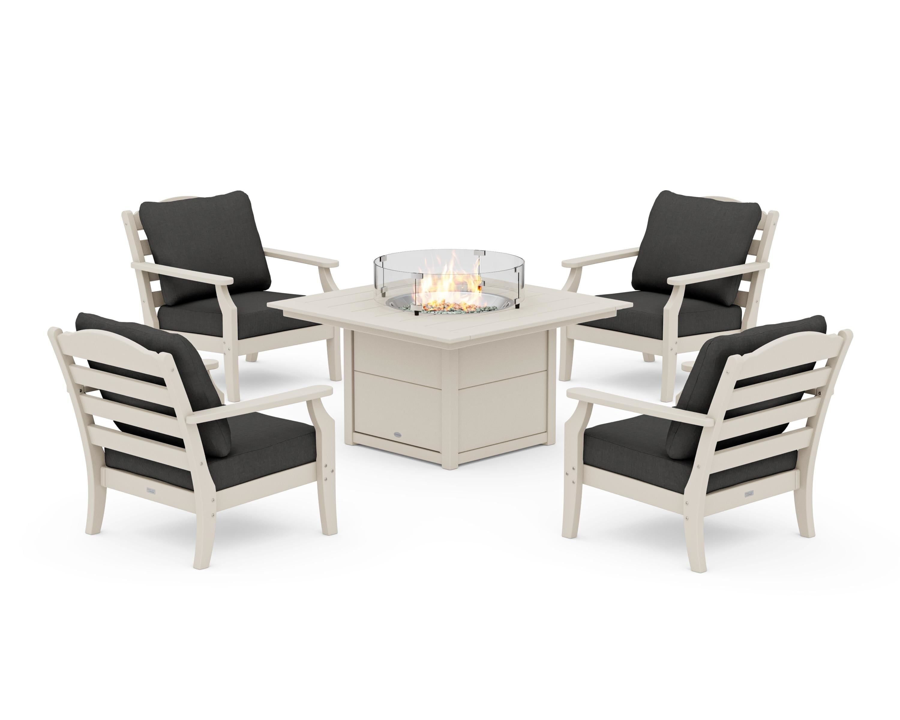 Draper James™ by POLYWOOD® Savannah 5-Piece Deep Seating Set with Fire Pit Table in Sand / Spectrum Carbon