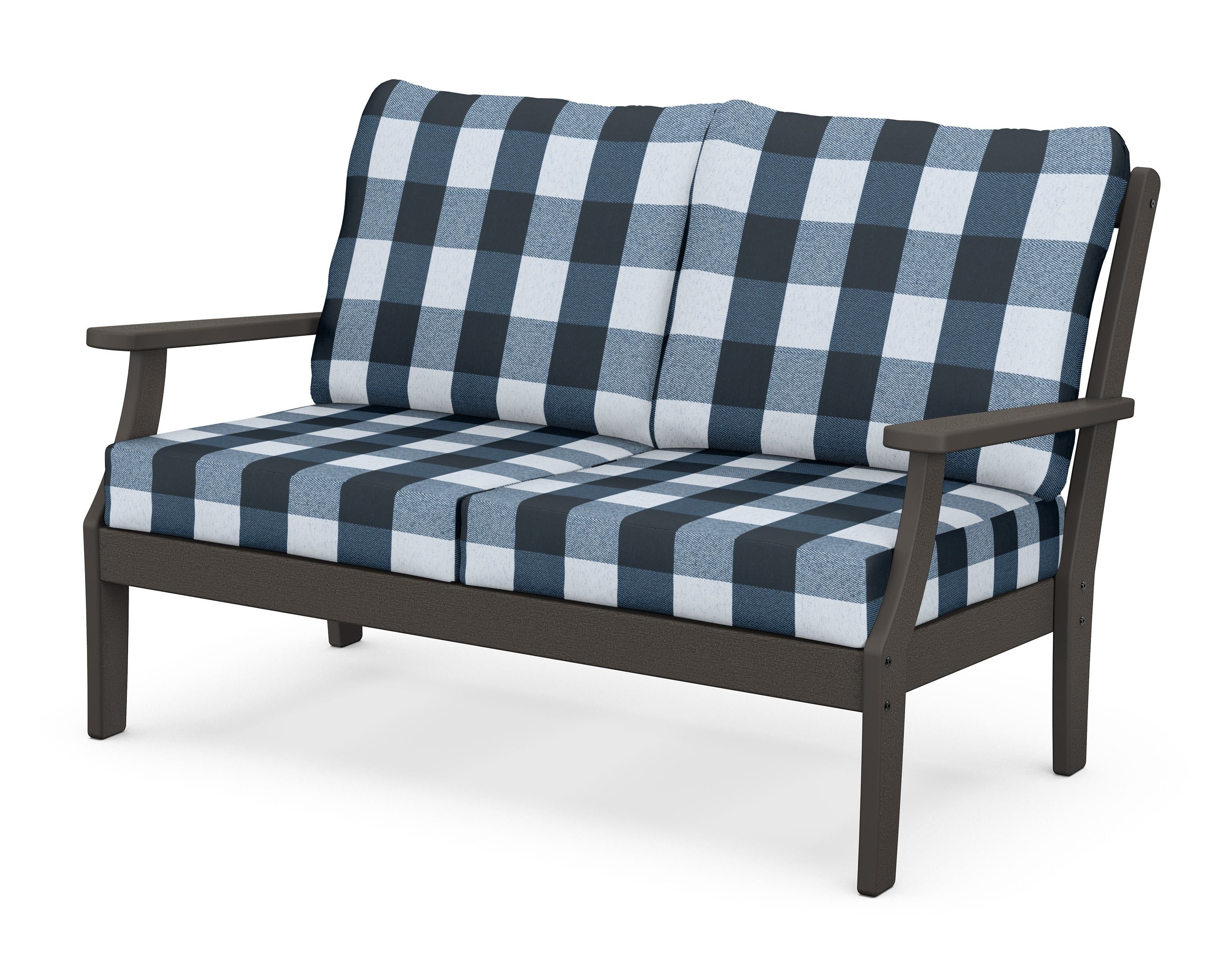 POLYWOOD® Braxton Deep Seating Loveseat in Vintage Coffee / Buffalo Plaid Marine Indigo