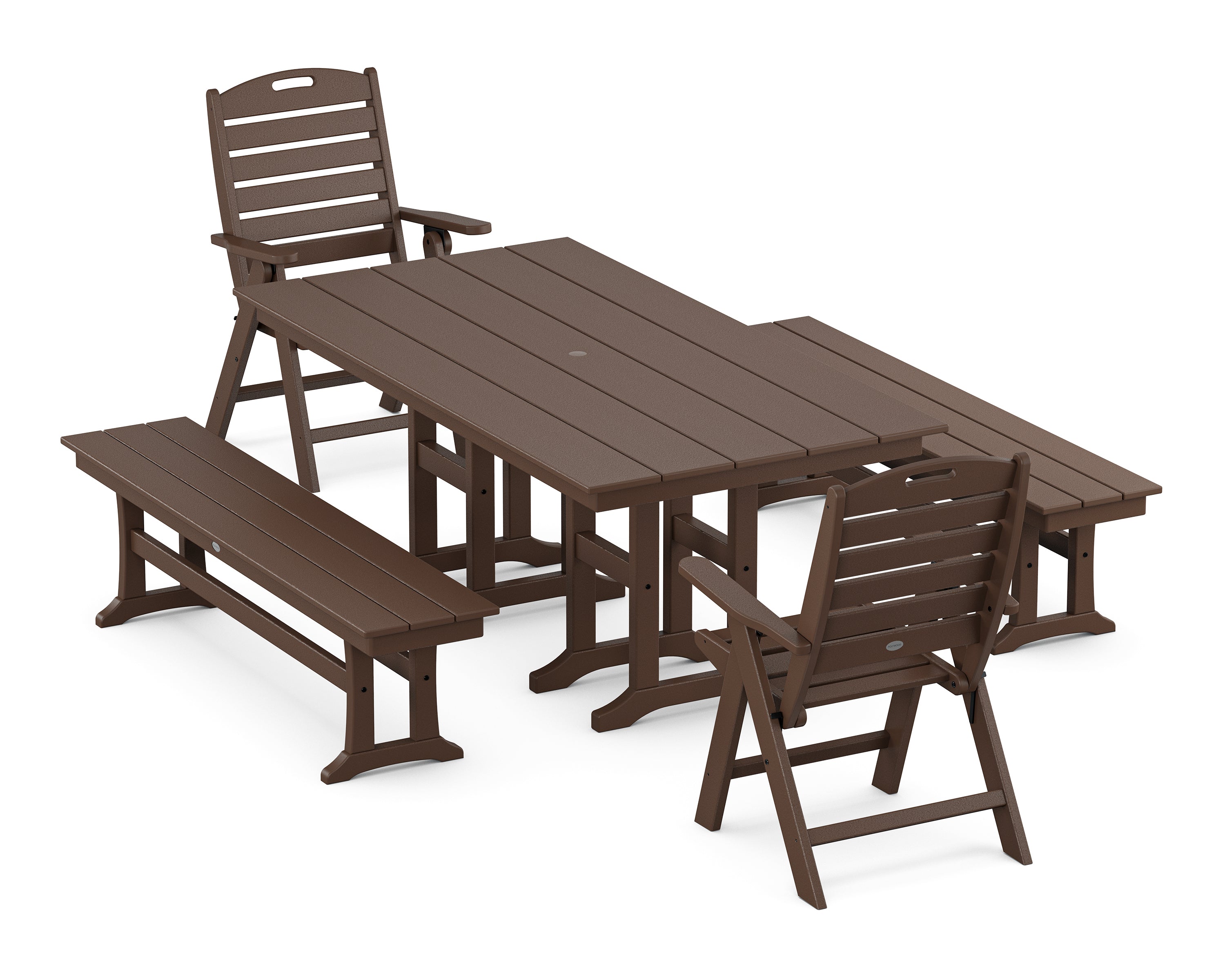 POLYWOOD® Nautical Highback 5-Piece Farmhouse Dining Set with Benches in Mahogany