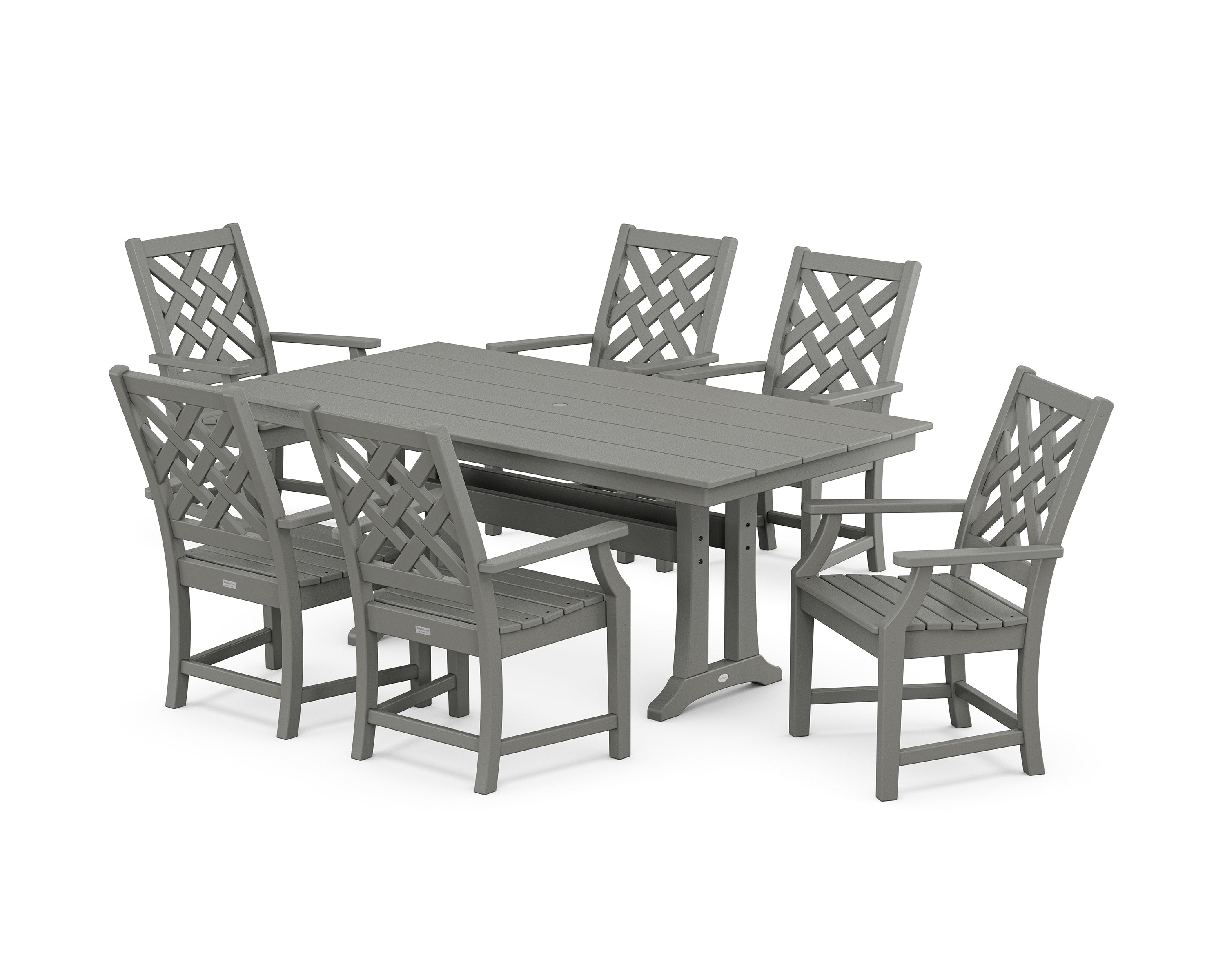 POLYWOOD® Wovendale Arm Chair 7-Piece Farmhouse Dining Set with Trestle Legs in Slate Grey