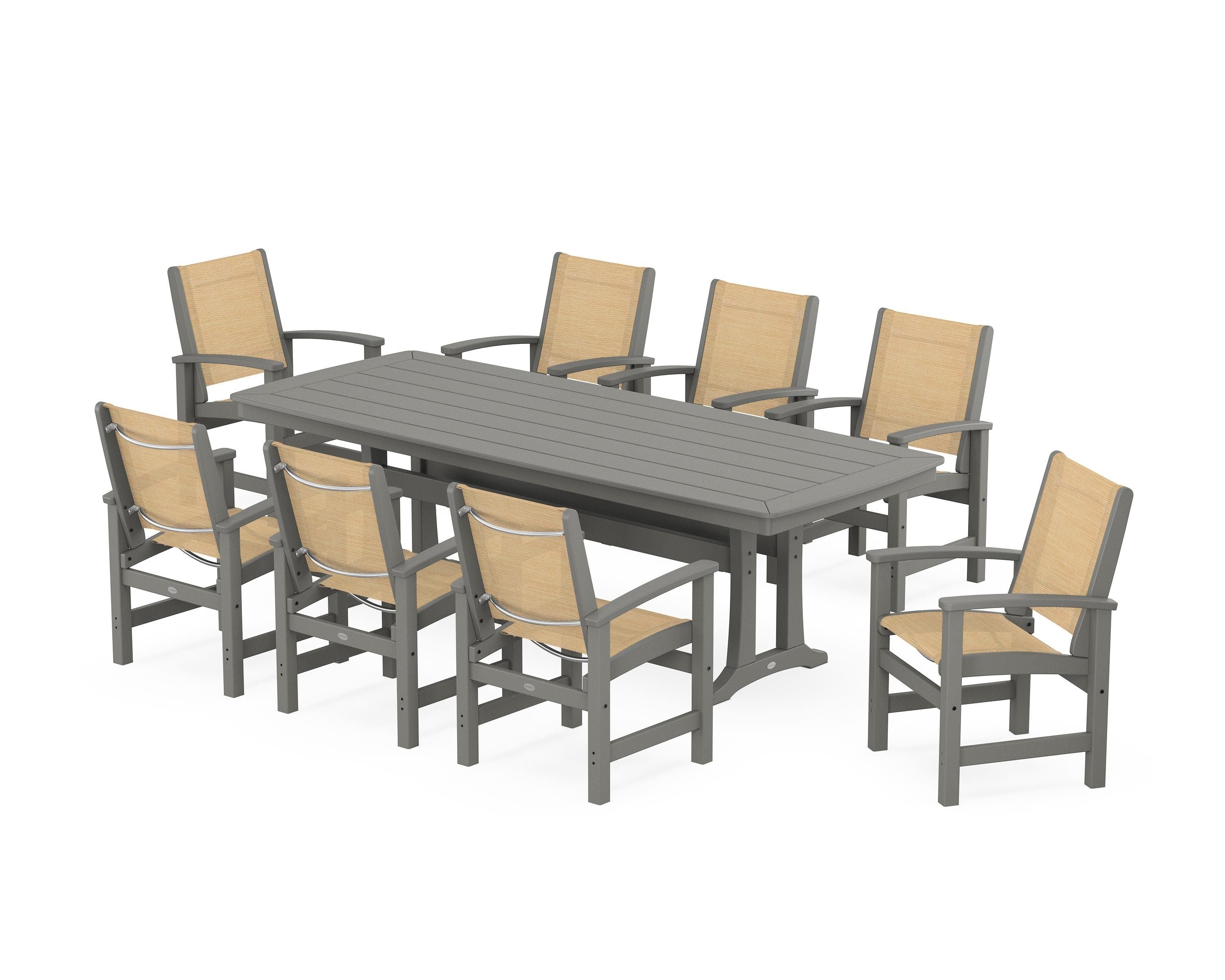 POLYWOOD® Coastal 9-Piece Dining Set with Trestle Legs in Slate Grey / Dupioni Apricot Sling