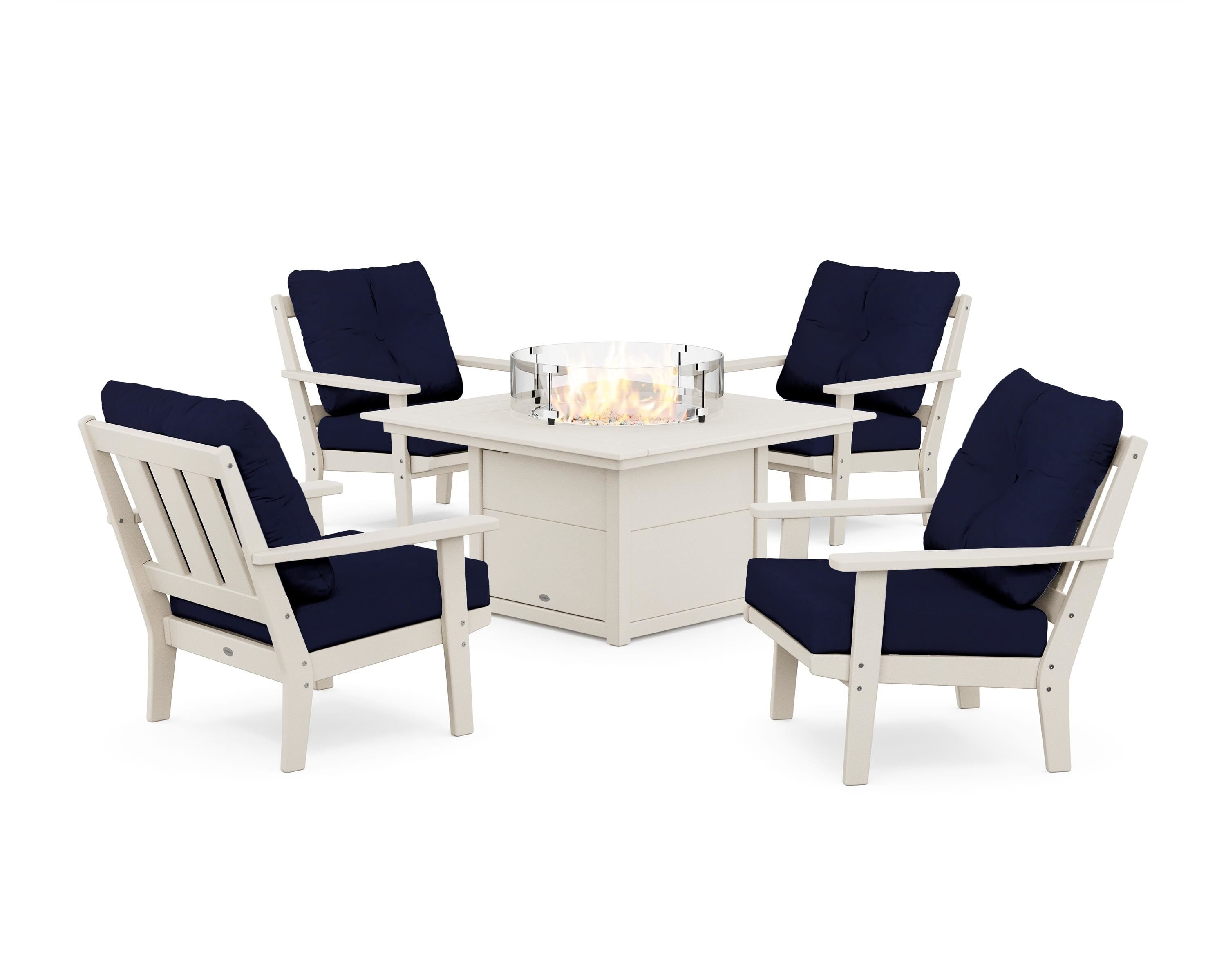POLYWOOD® Oxford 5-Piece Deep Seating Set with Fire Pit Table in Sand / Navy