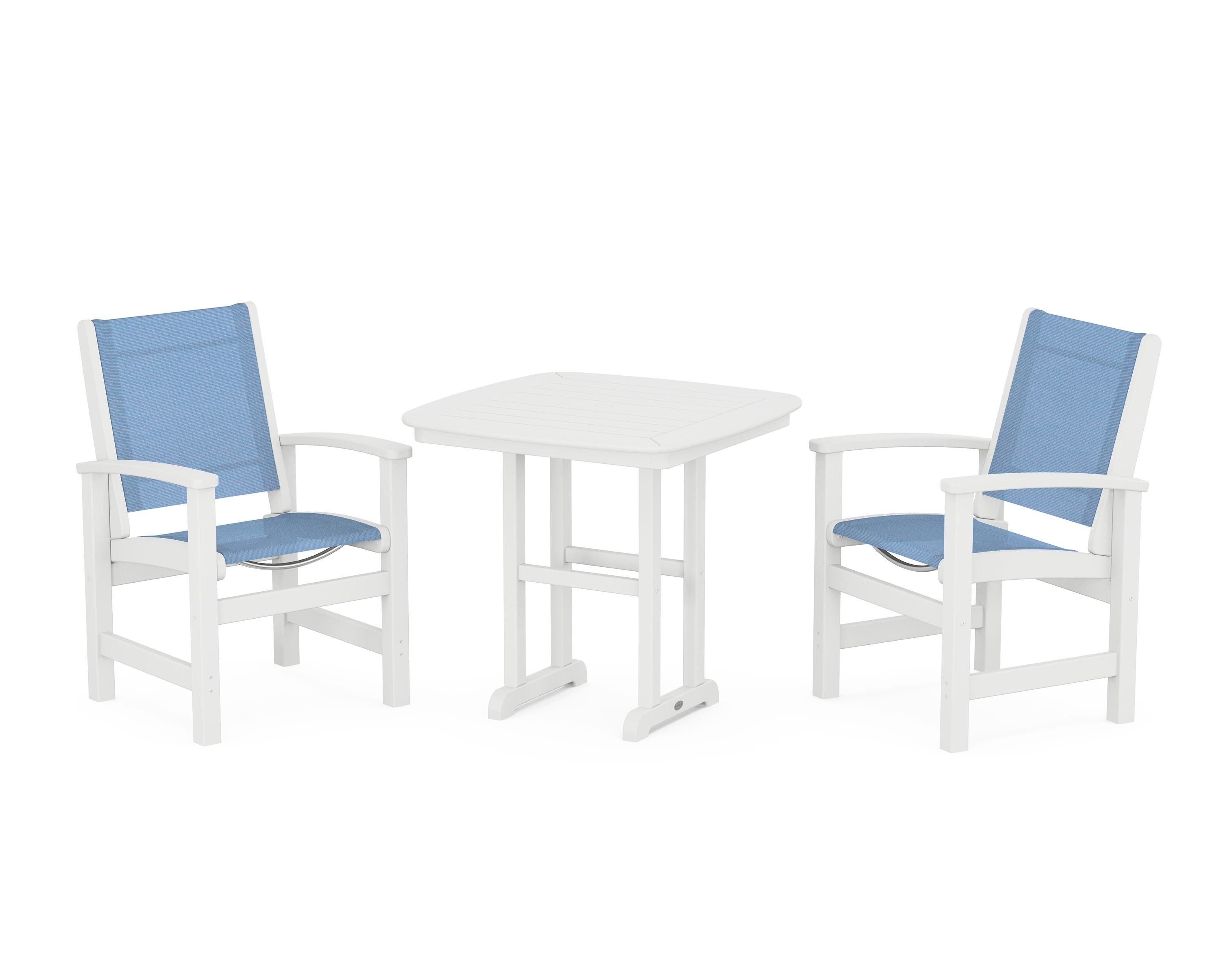 POLYWOOD® Coastal 3-Piece Dining Set in White / Poolside Sling