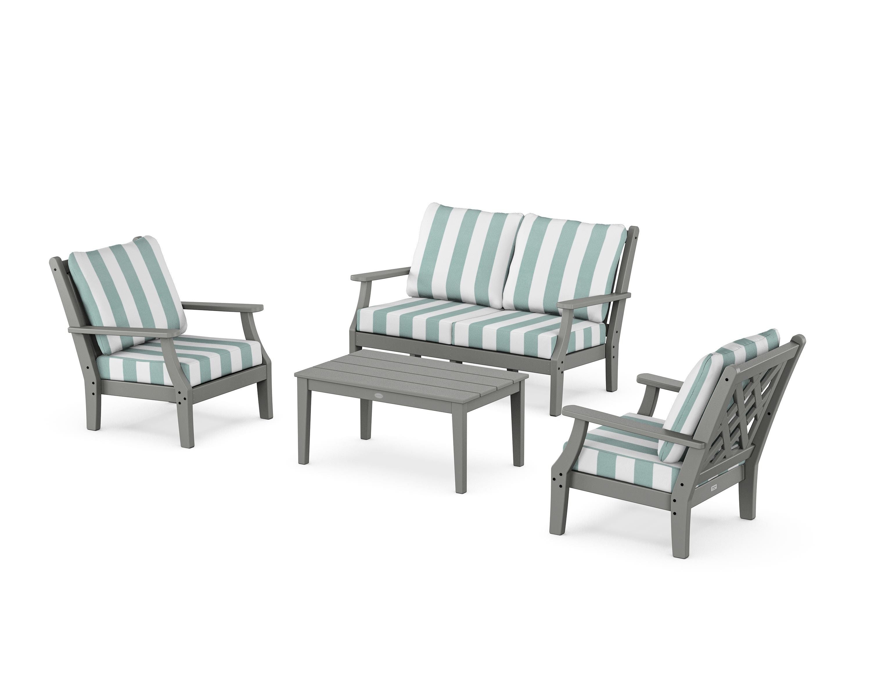 Country Living Wovendale 4-Piece Deep Seating Set with Loveseat in Slate Grey / Cabana Stripe Glacier Spa