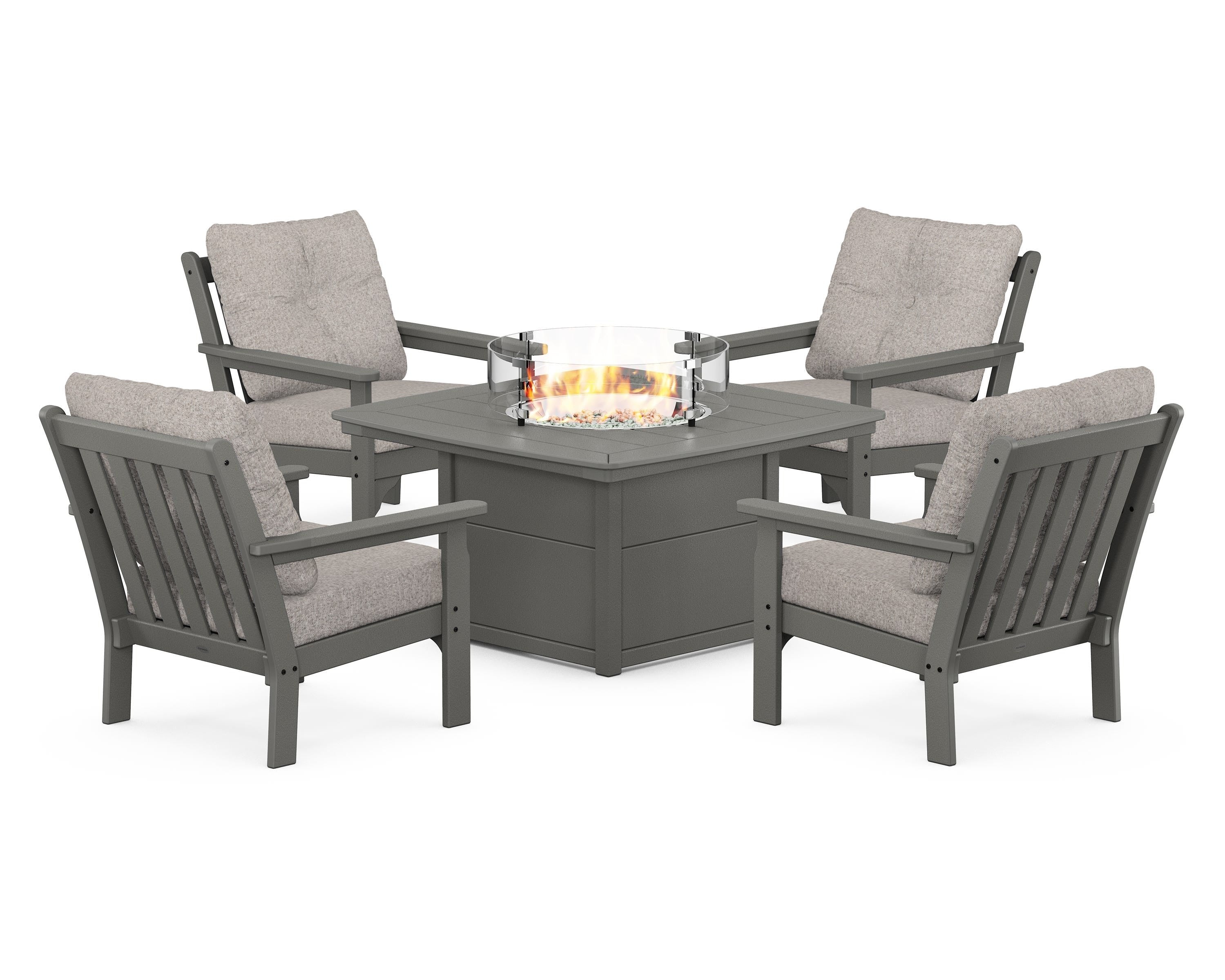 POLYWOOD® Vineyard 5-Piece Conversation Set with Fire Pit Table in Slate Grey / Weathered Tweed