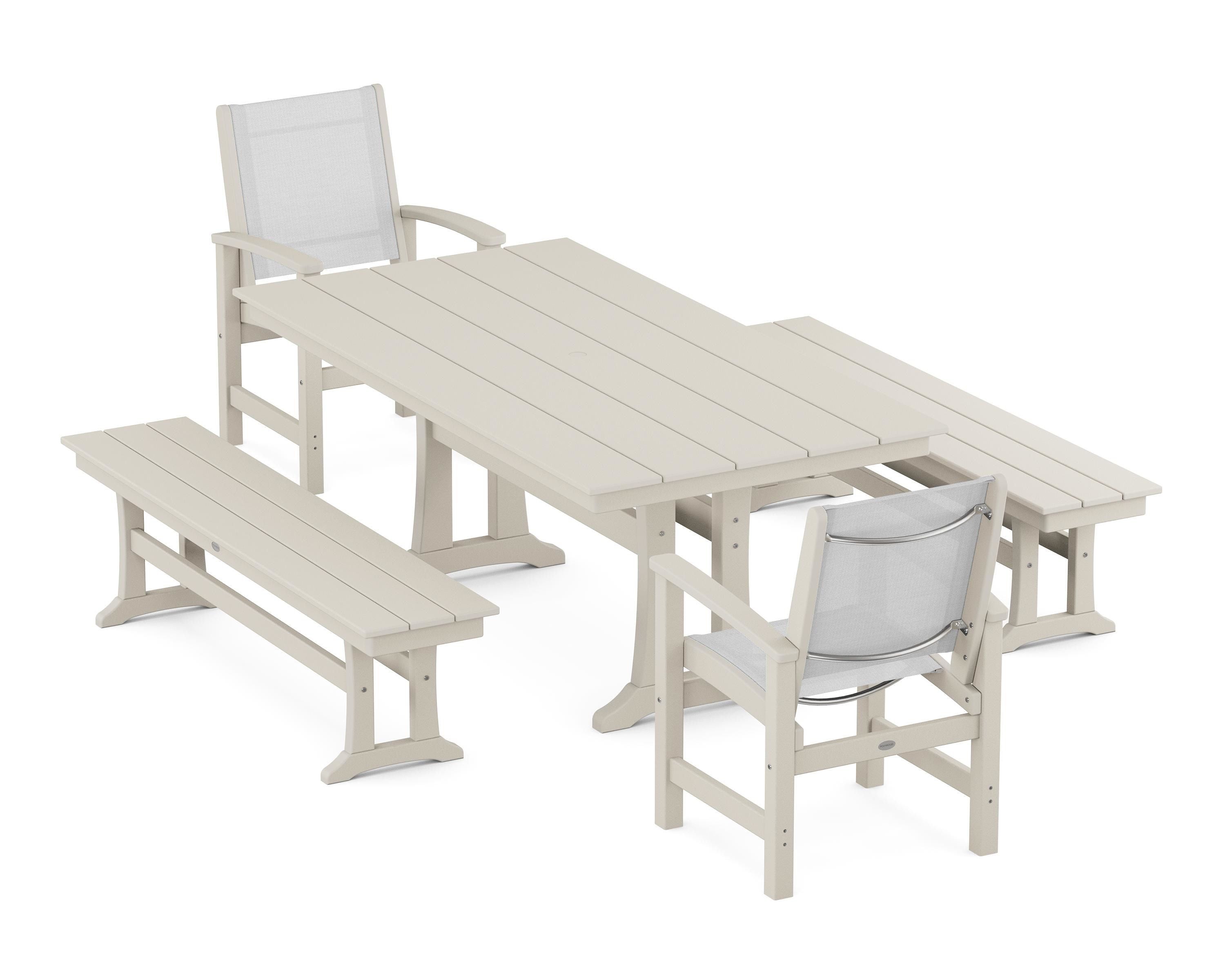 POLYWOOD® Coastal 5-Piece Farmhouse Dining Set with Trestle Legs and Benches in Sand / White Sling