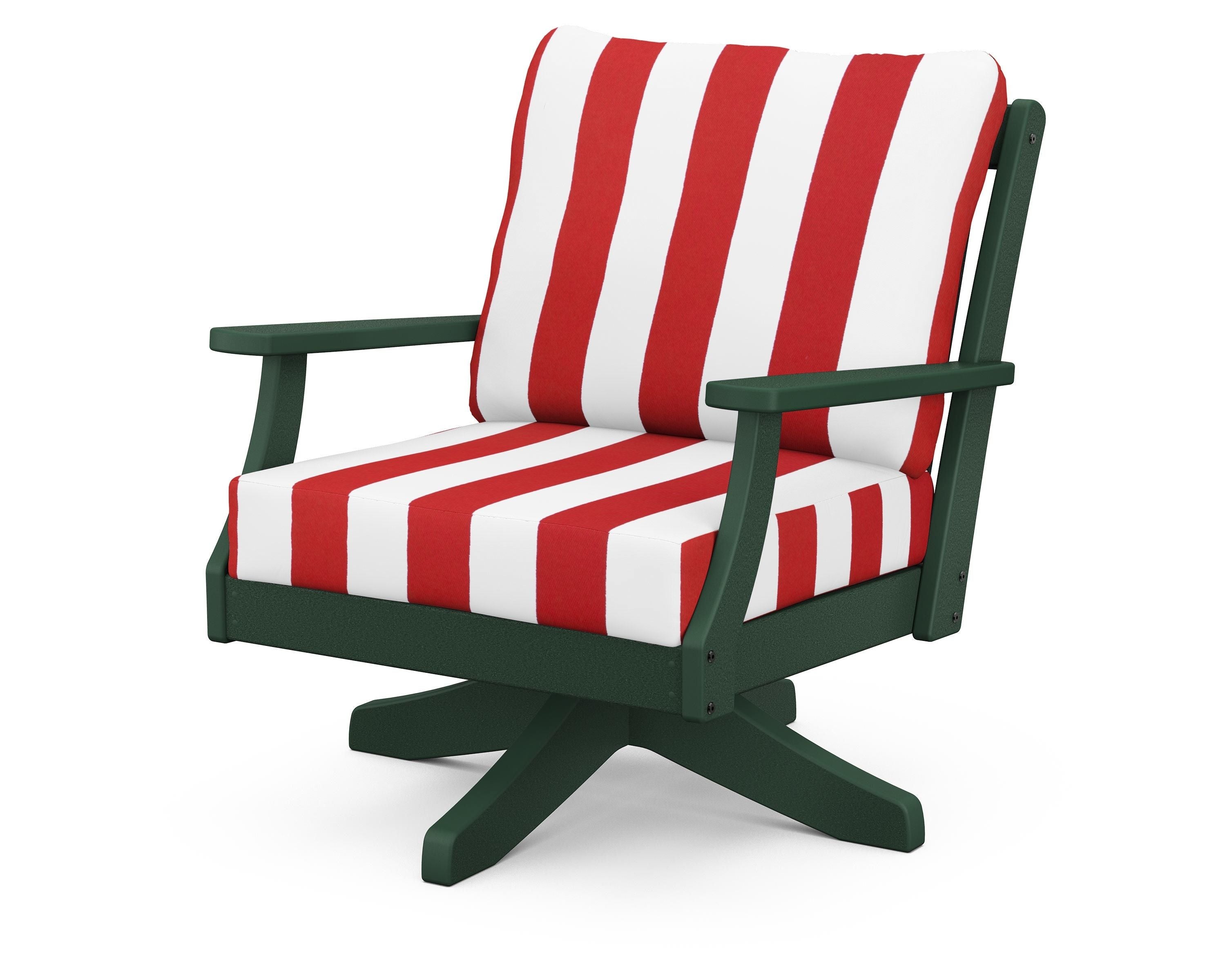 POLYWOOD® Braxton Deep Seating Swivel Chair in Green / Cabana Stripe Crimson