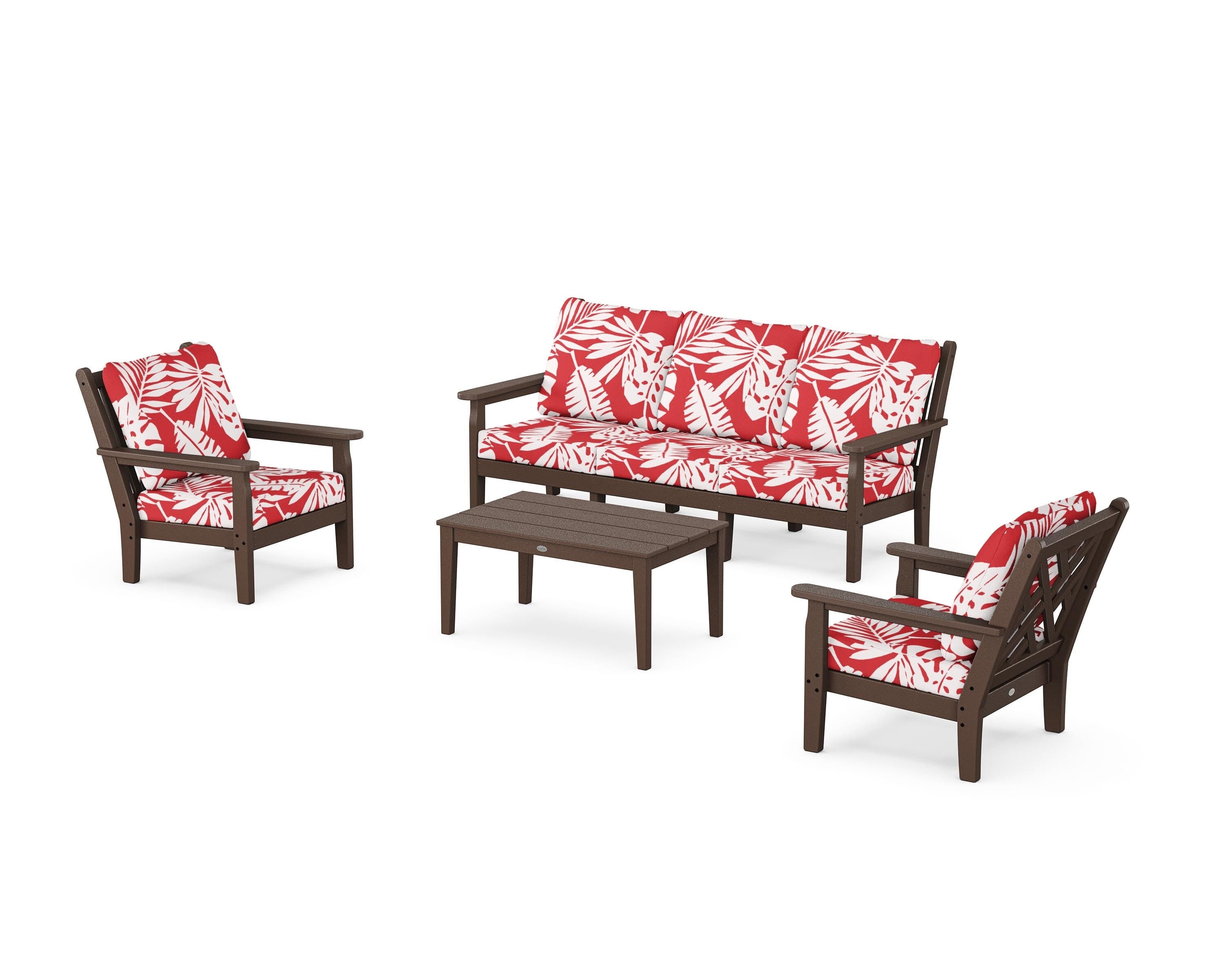 POLYWOOD® Chippendale 4-Piece Deep Seating Set with Sofa in Mahogany / Leaf Crimson