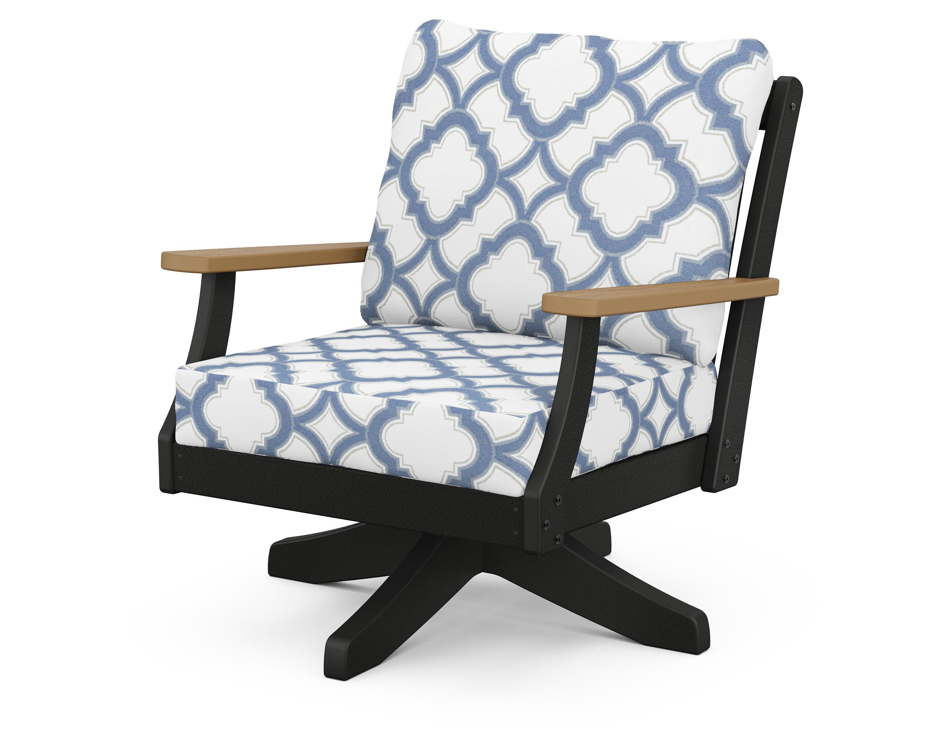 POLYWOOD® Braxton Deep Seating Swivel Chair in Black / Natural / Trellis Sky Blue