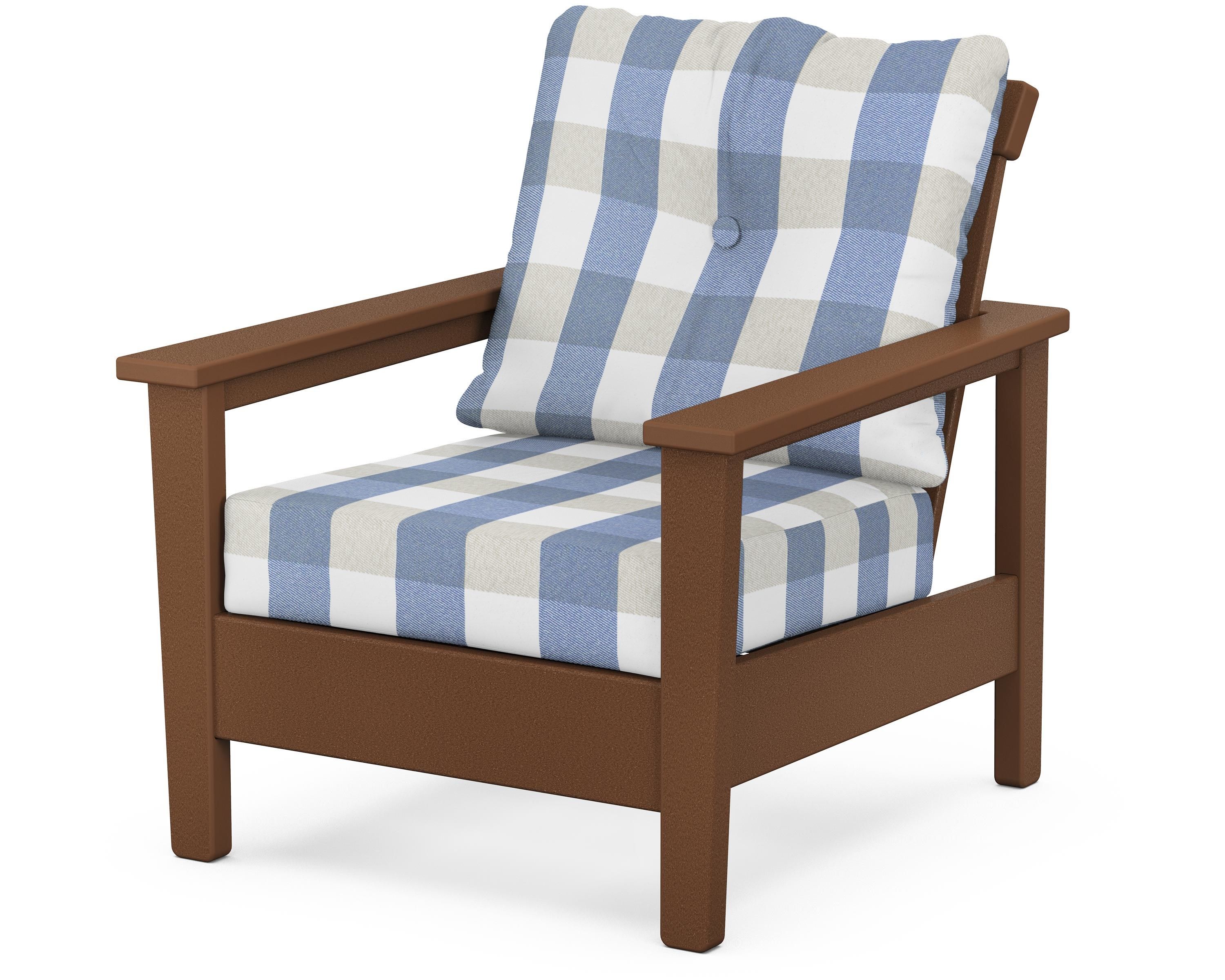 POLYWOOD® Prescott Deep Seating Chair in Teak / Buffalo Plaid Sky Blue