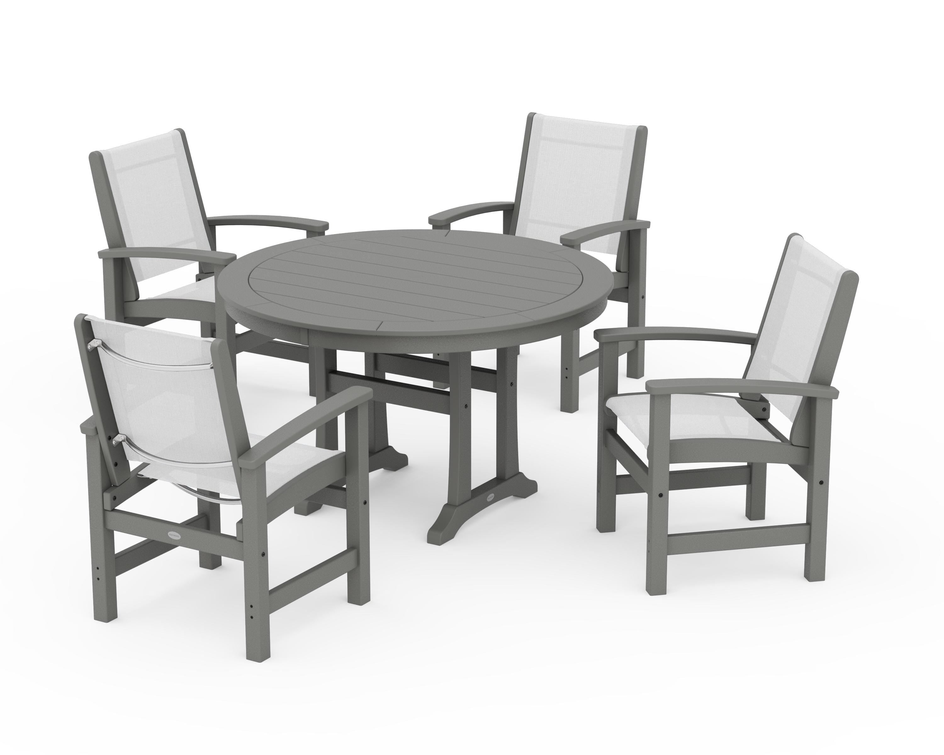 POLYWOOD® Coastal 5-Piece Round Dining Set with Trestle Legs in Slate Grey / White Sling