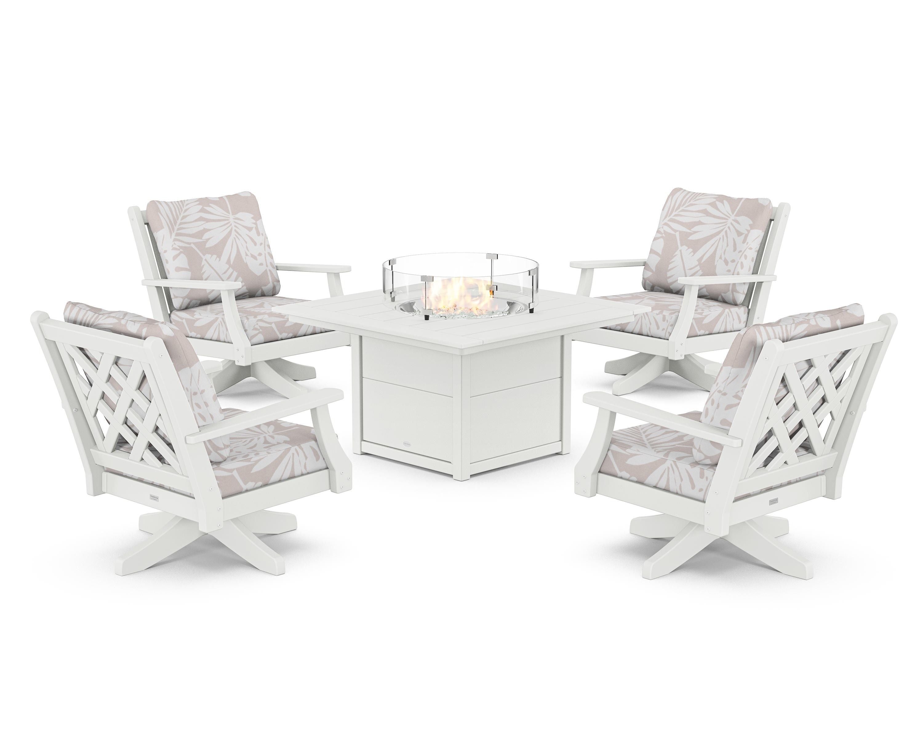 Country Living Wovendale 5-Piece Deep Seating Swivel Conversation Set with Fire Pit Table in White / Leaf Dune Burlap