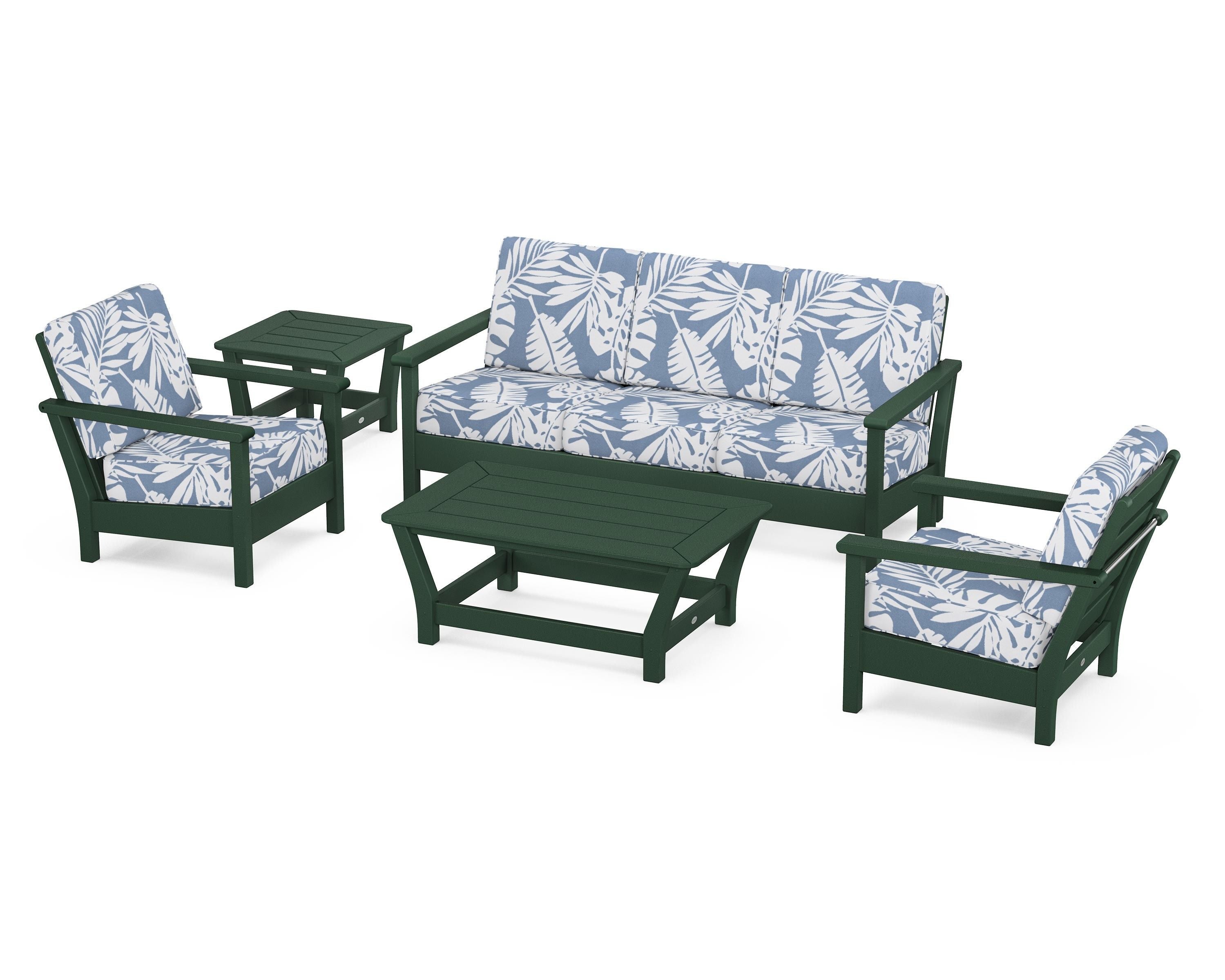 POLYWOOD® Harbour 5-Piece Deep Seating Set in Green / Leaf Sky Blue