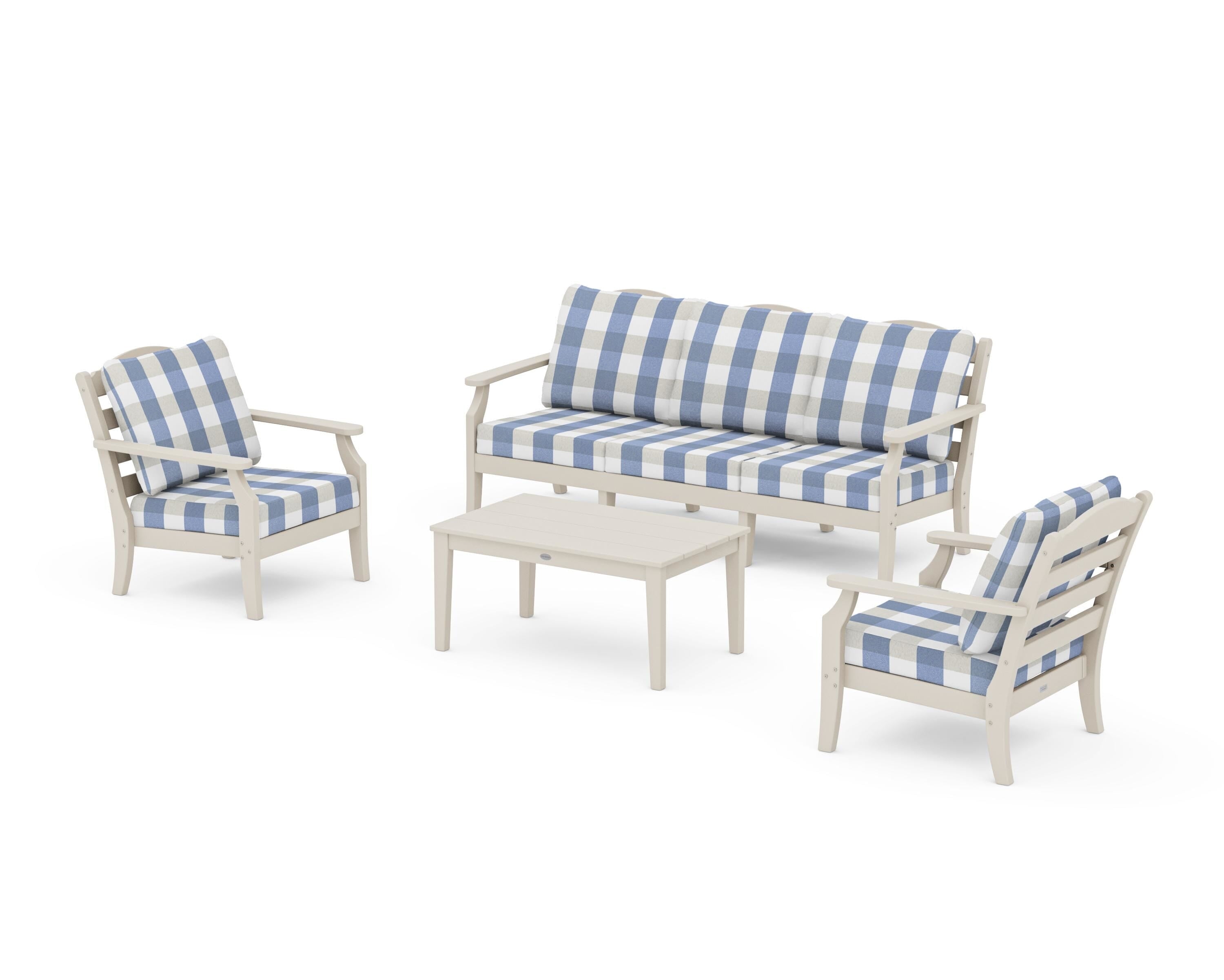 Draper James™ by POLYWOOD® Savannah 4-Piece Deep Seating Set with Sofa in Sand / Buffalo Plaid Sky Blue