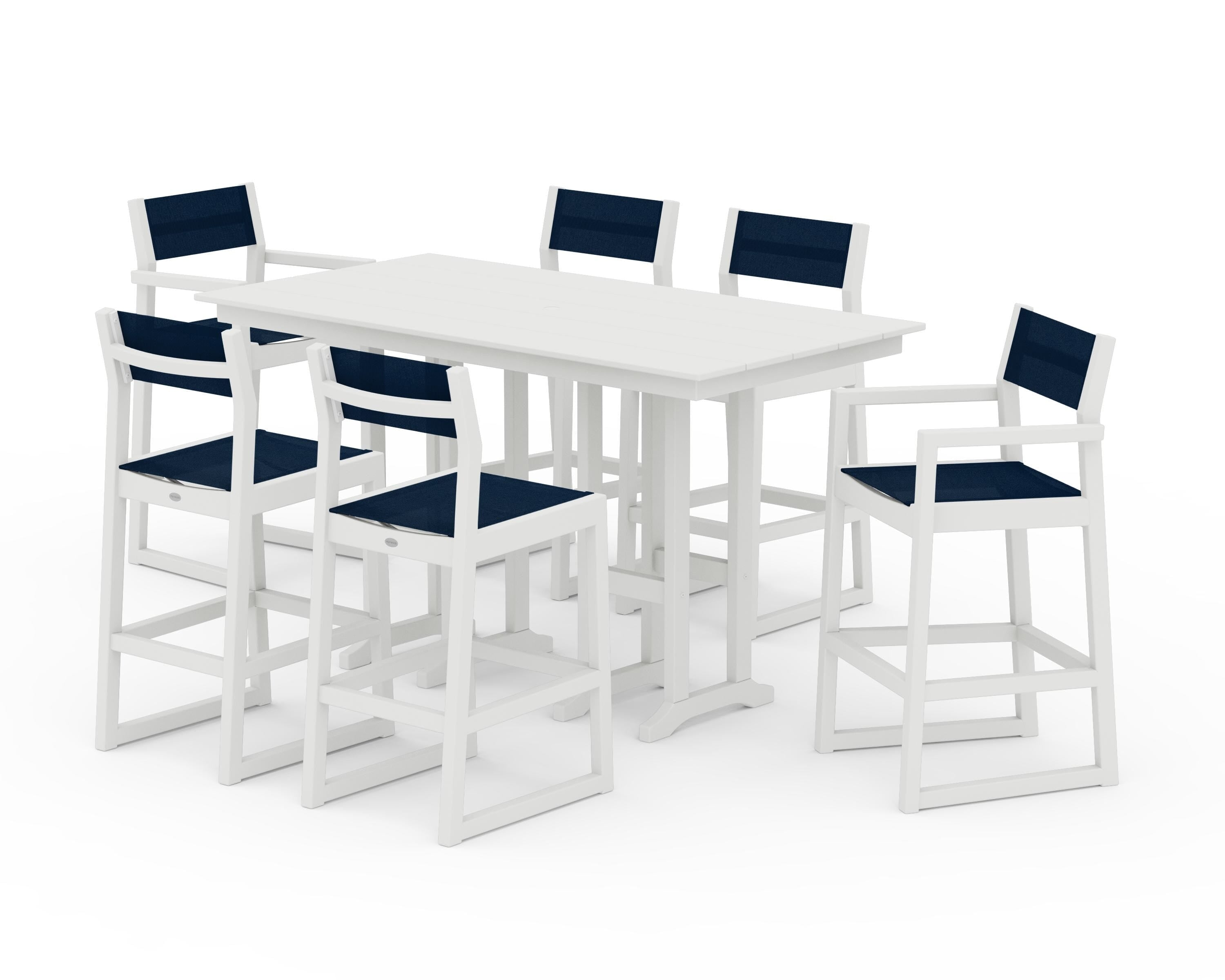 POLYWOOD® EDGE Sling 7-Piece Farmhouse Bar Set in White / Navy Blue Sling